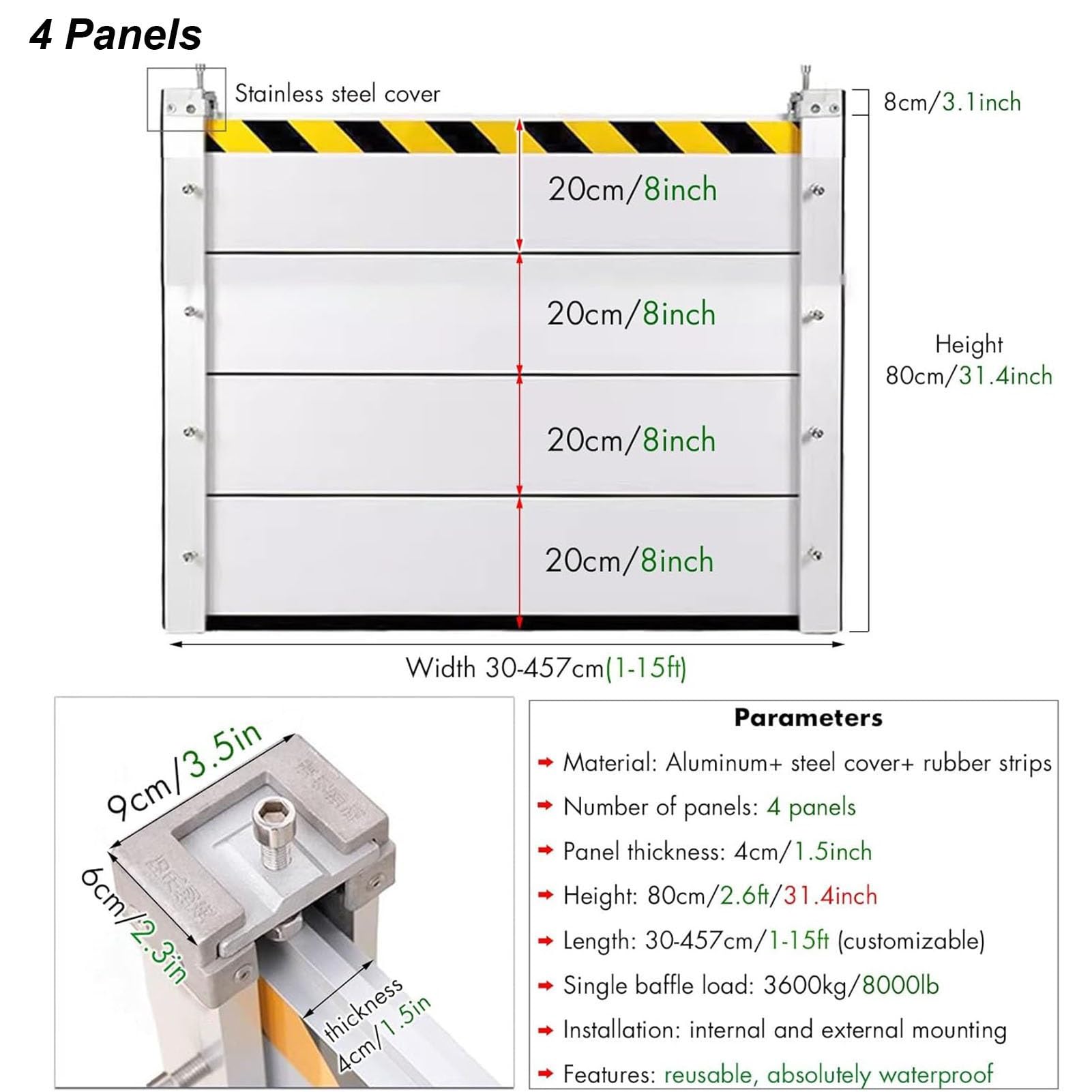 Flood Protection Barriers for Garage Door/Basement, Heavy Duty Aluminum Reusable Detachable Water Barrier Shield, 20/40/60/80cm High, Unit Module Design Water Prevention System (Color : H80cm, Size