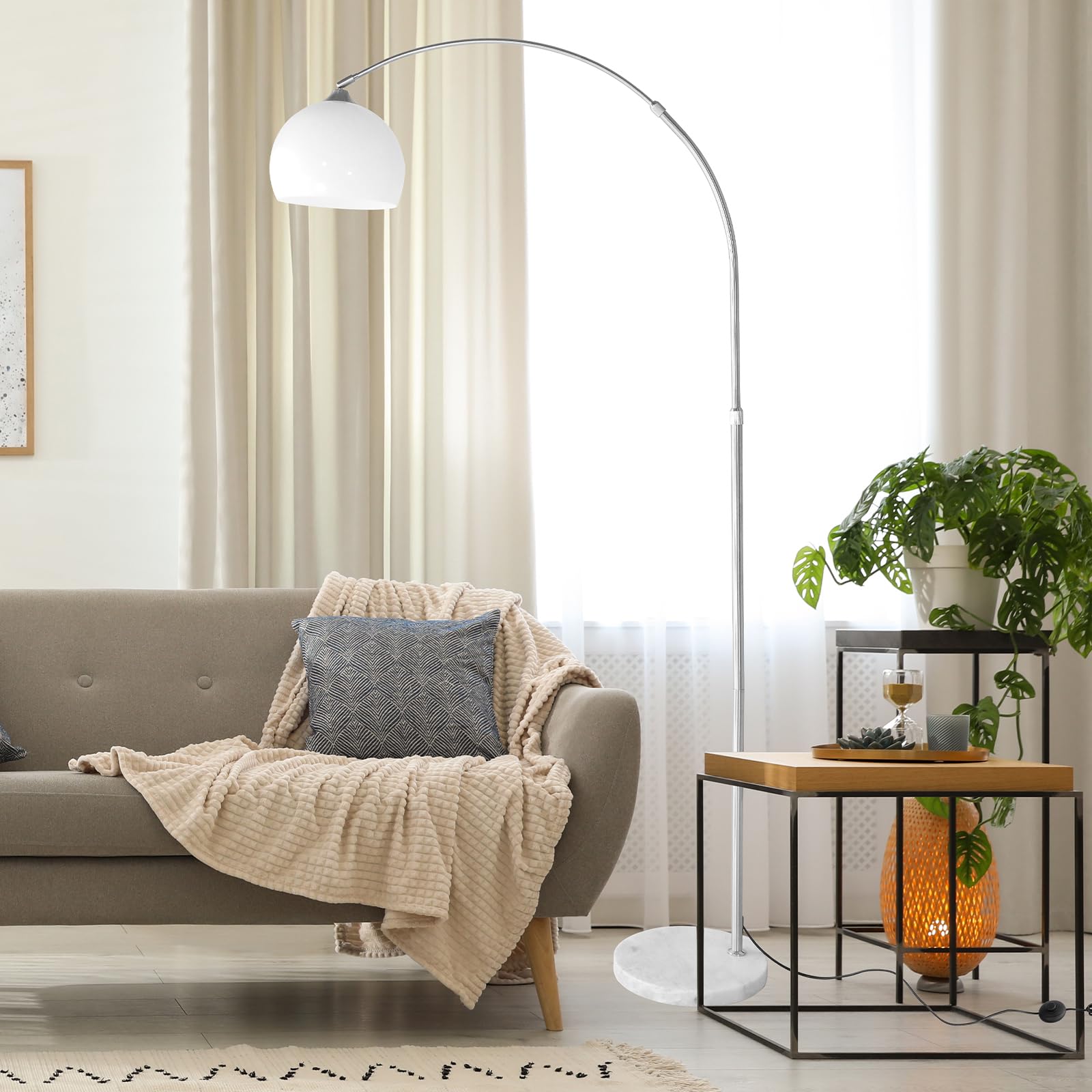 CCLIFE Lampa łukowa LED E27 z regulowaną wysokością, biała podstawa z marmuru, pomarańczowa lampa stojąca, lampa podłogowa łukowa.