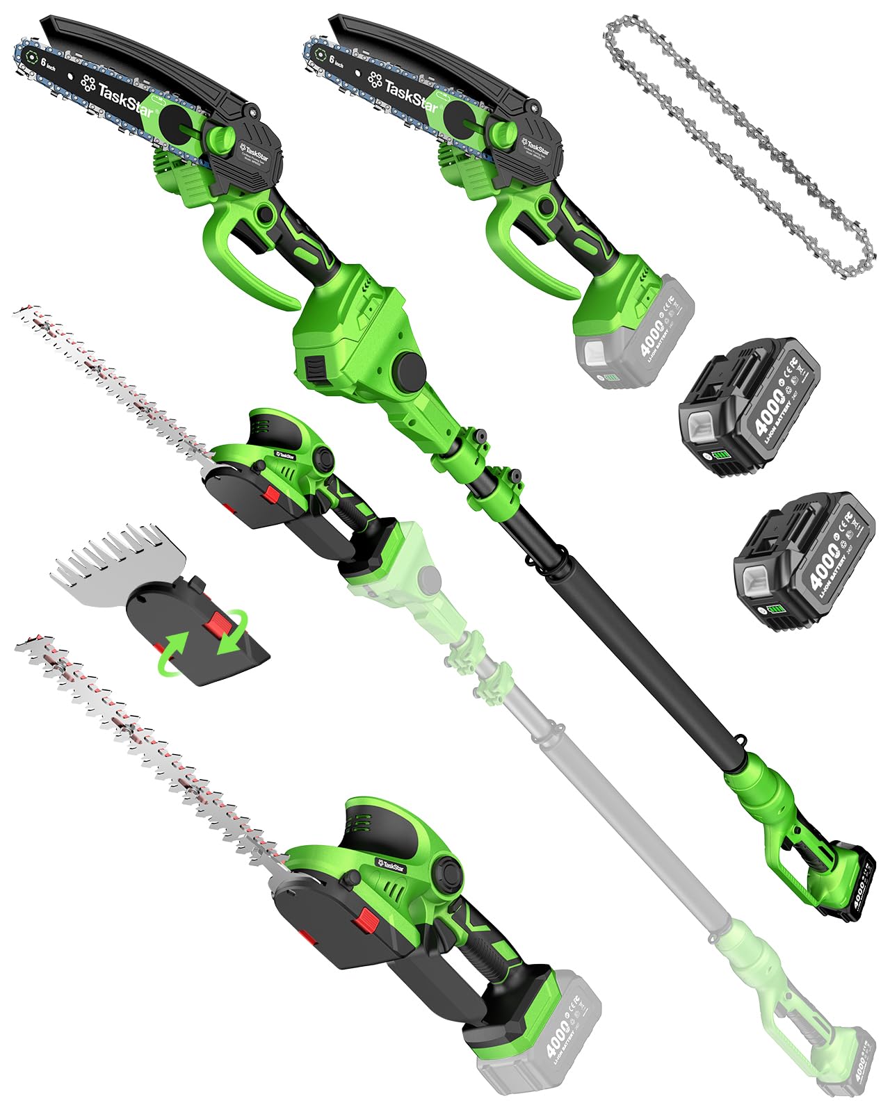 Cordless pole saw with carbon steel blade, hedge trimmer head and grass shears attachment
