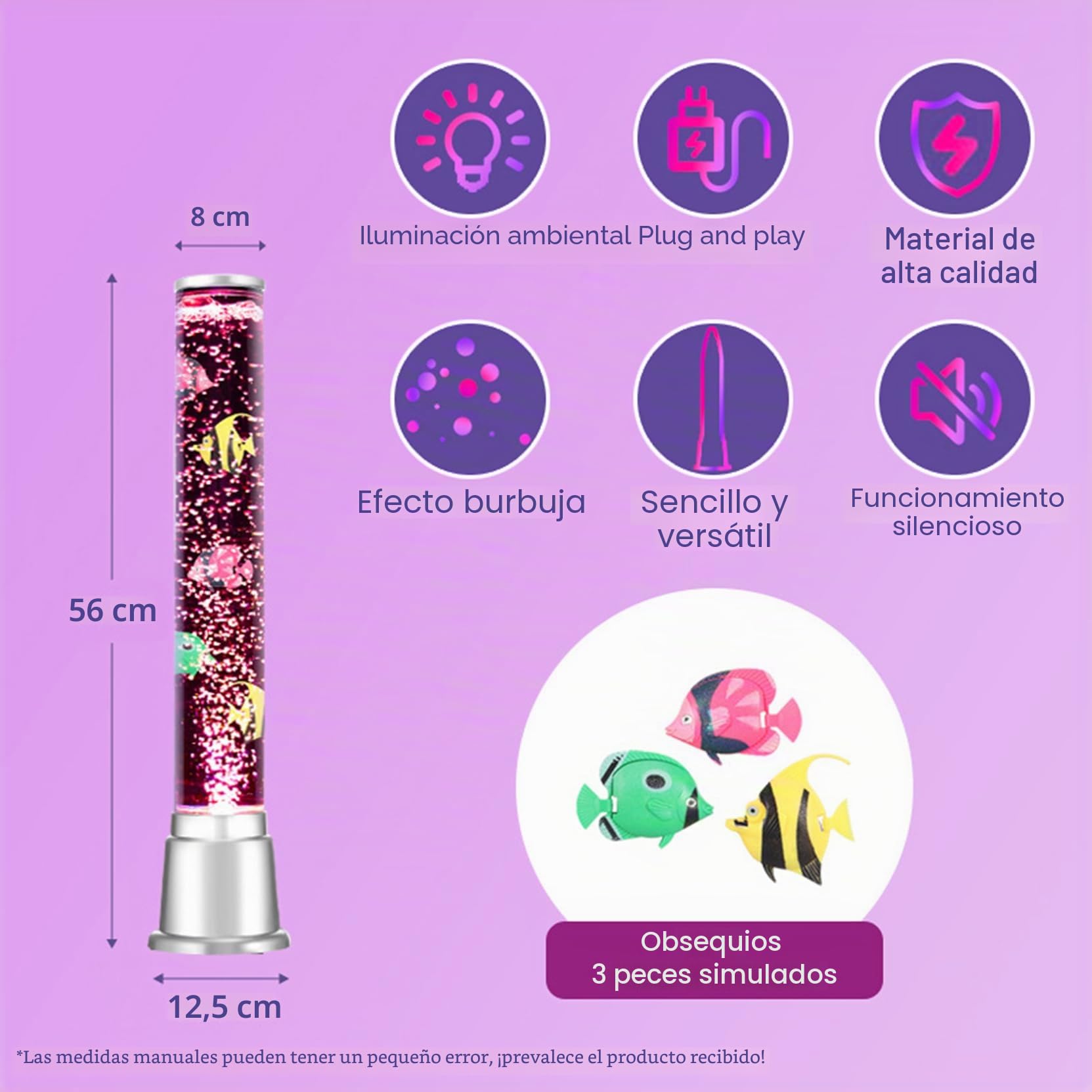 Lámpara de pie LED de fantasía en forma de tubo de pescado con 7 efectos de luz cambiantes de color y 3 peces falsos, luz nocturna para aliviar el estrés, lámpara sensorial calmante para el autismo y