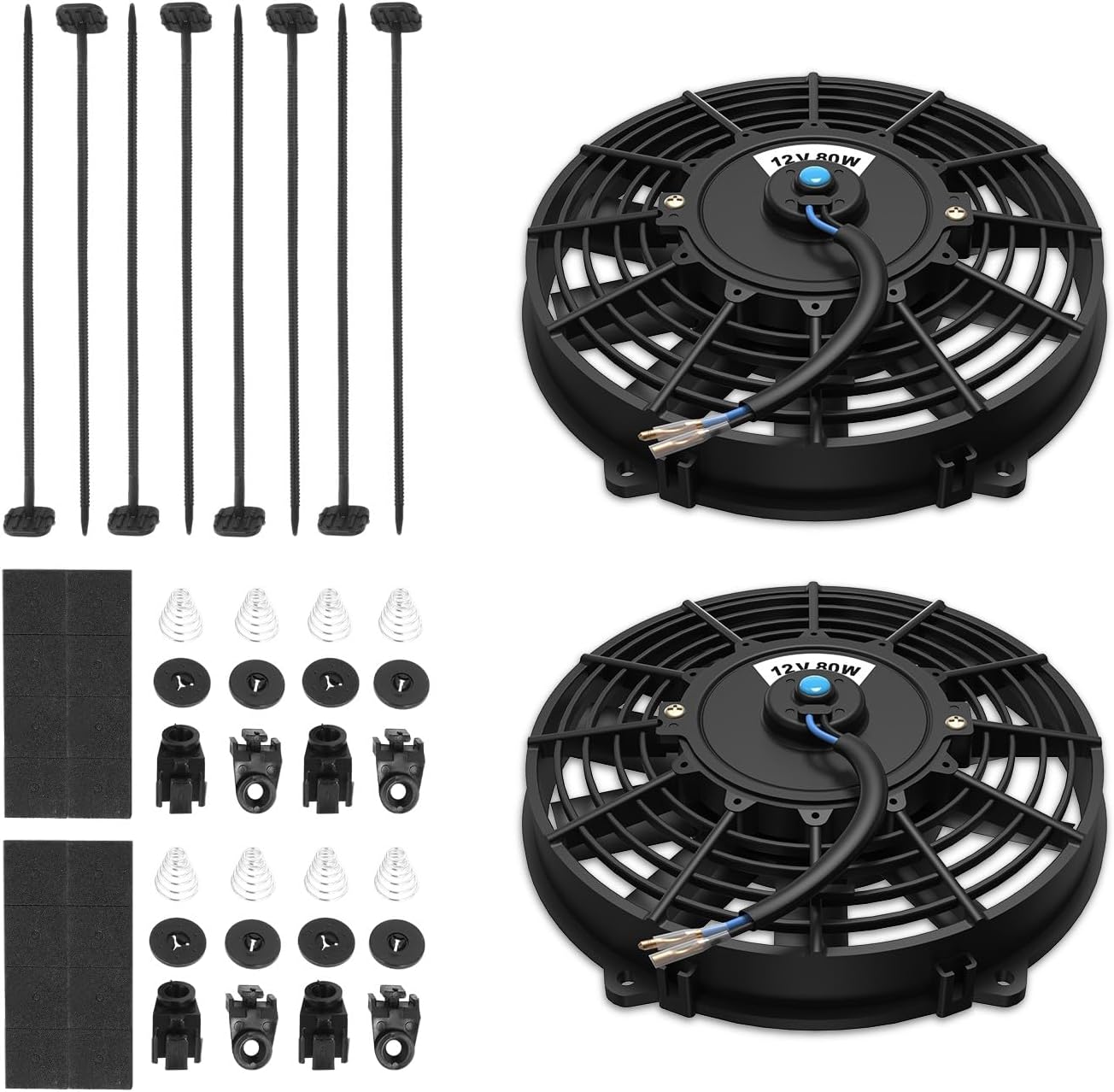 Auto Dynasty (Pack of 2) Universal 7 Inches High Performance Electric Slim Radiator Cooling Fan with Mounting Kit, 12V, Black