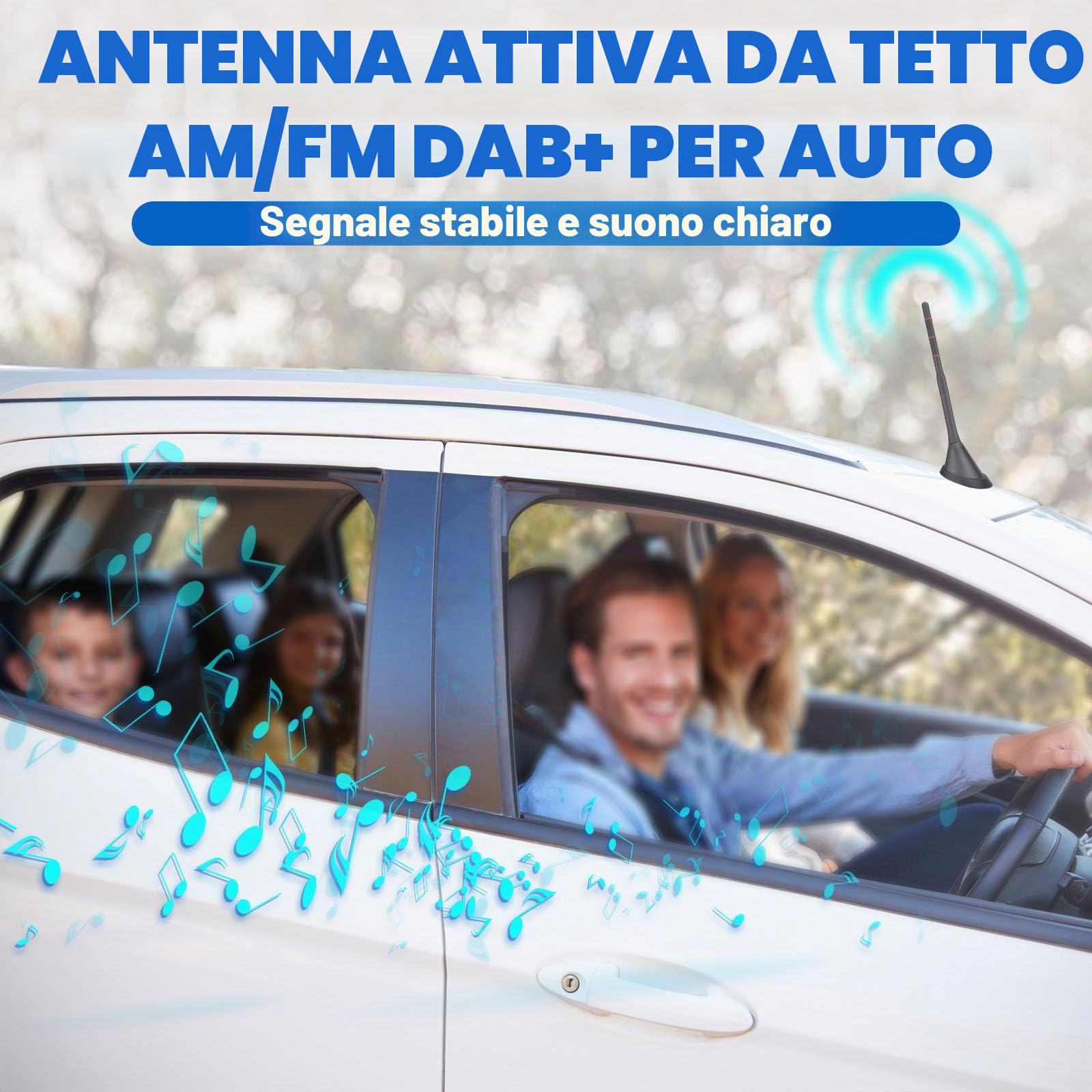 Eightwood Antenna Autoradio Attiva DAB+ FM con Amplificatore Cavo 5m | Antenna auto, connettori SMB, DIN e adattatore SMA, Compatibile gruppo VAG (VW, Audi, Skoda, Seat)