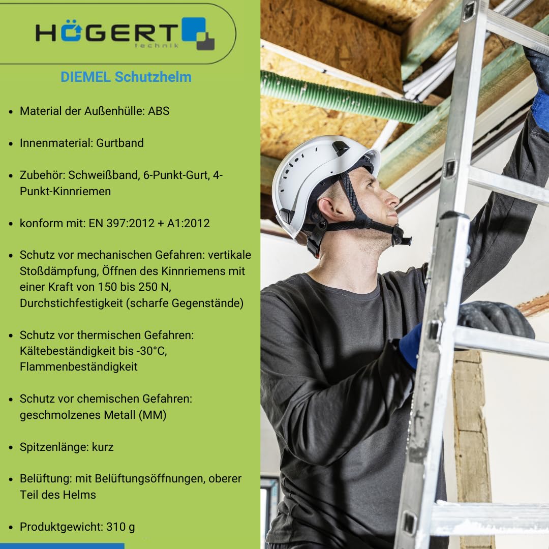 Högert Technik - DIEMEL kask ochronny do dużych wysokości, biały, uniwersalny | EN 397:2012 + A1:2012 | z otworami wentylacyjnymi | opaska przeciwpotowa, 6-punktowy pasek, 4-punktowy pasek pod brodę