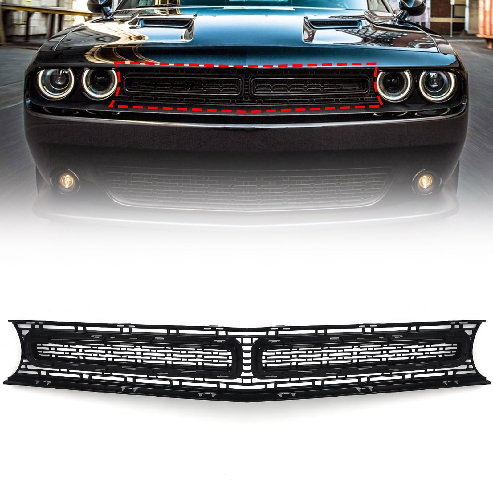 Front Upper Grille Compatible with Dodge Challenger 2015 2016 2017 2018 2019 2020 2021 2022 Matte Black Grill with Black Molding 68262955AD CH1200390