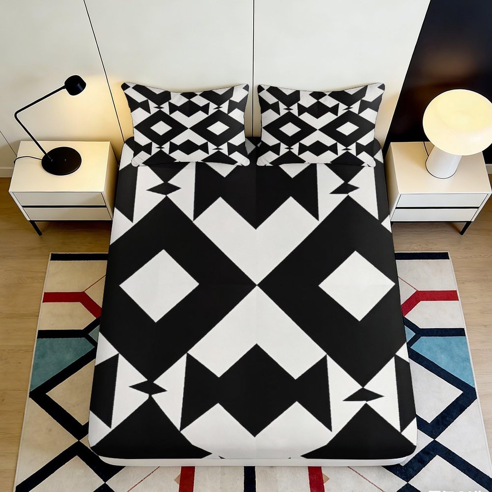 3D Printed Geometric Diamond Fitted Sheet Microfiber Black White Abstract Mattress Cover for Bedroom Guest Room Decor 200x200x25cm