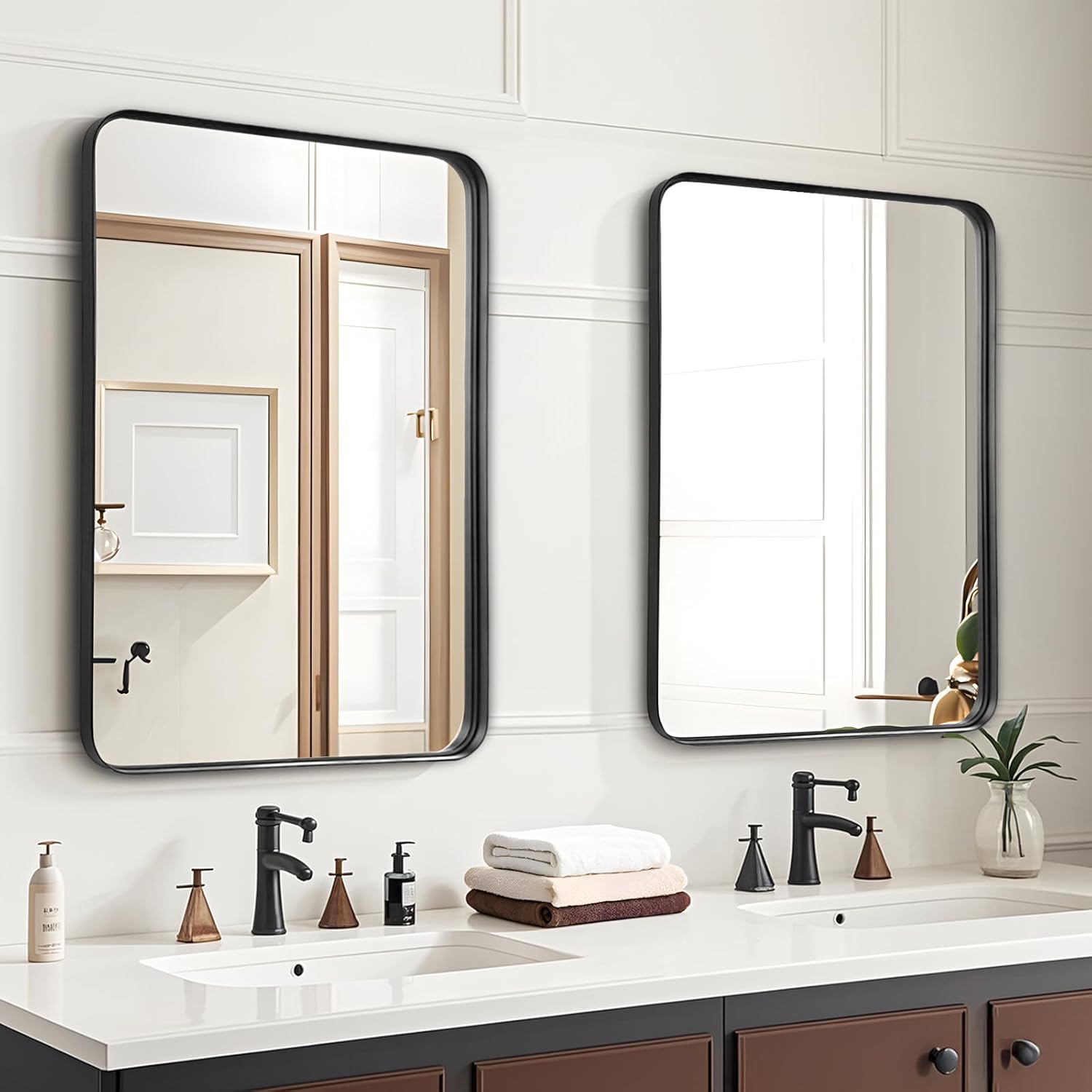 Fabuday 2-Pack Black Bathroom Mirrors 24x32 Inch - Metal Frame Rectangle Mirror Over Sink, Black Frame Wall Mounted Mirror for Vanity, Heavy-Duty Hooks Included, Horizontal or Vertical Hanging