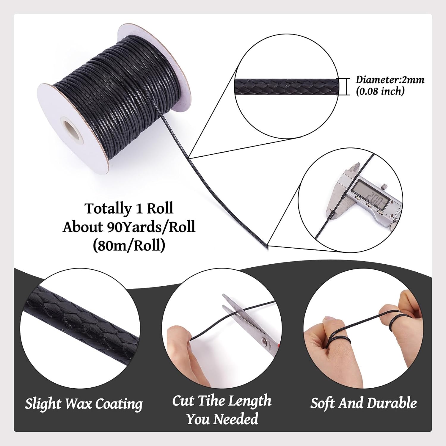 Craftdady 90 Yards 2mm Black Waxed Polyester Cord Braided Thread String with Roll Spool for Macrame Jewelry Craft Friendship Bracelet Necklace Making