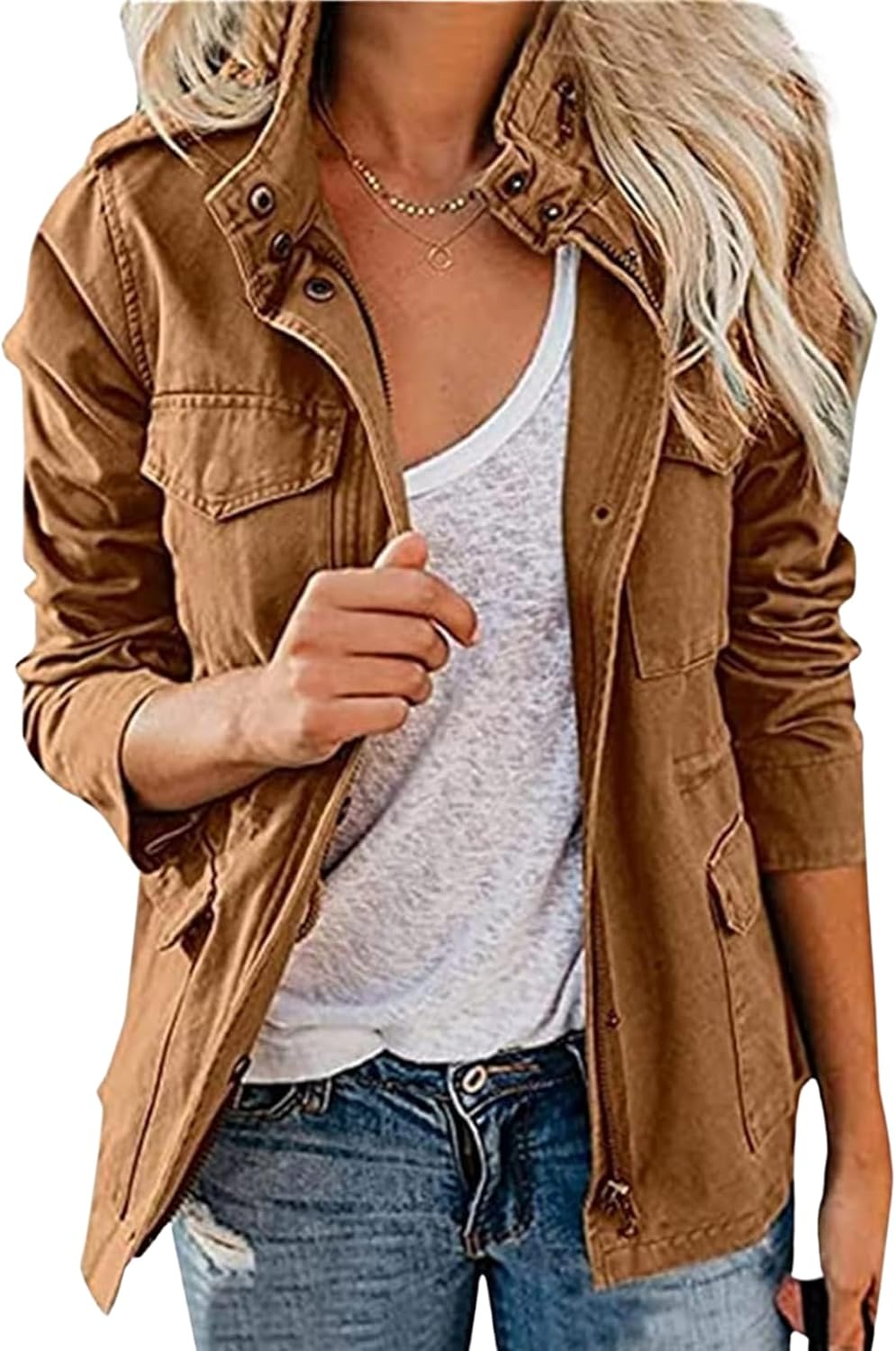 Women's Jacket Lightweight Solid Color Zip Up Snap Buttons Cargo with Pockets Comfort Outwear Coat