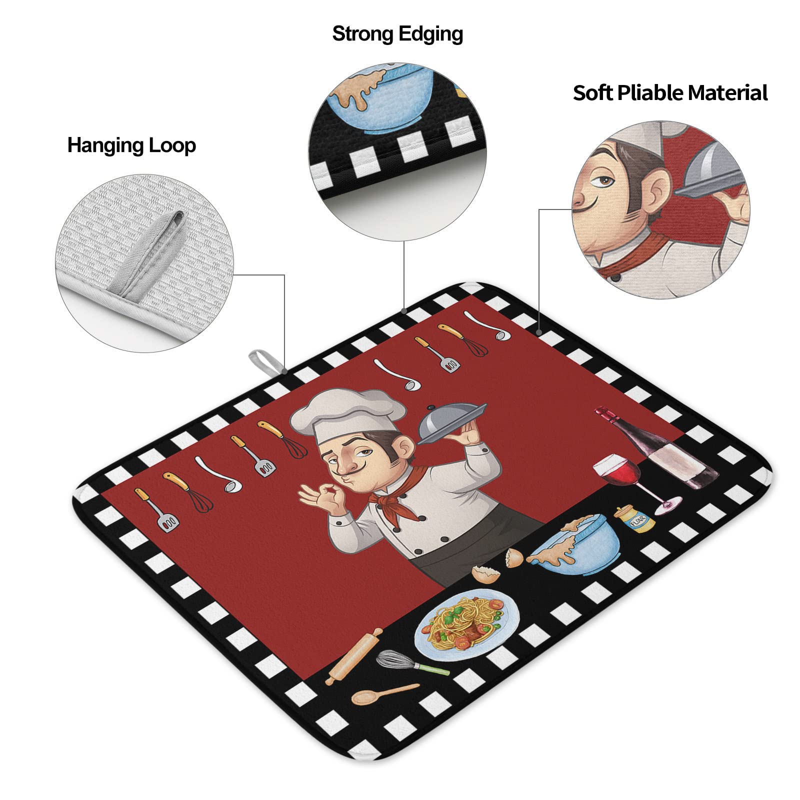 LIFEMUSION Chef Gourmet on Red Backdrop Dish Drying Mat for Kitchen Counter, Black White Checkered Baby Bottle Microfiber Drying Pad, Absorbent Coffee Cup Dishes Drainer Mats 18''x24''