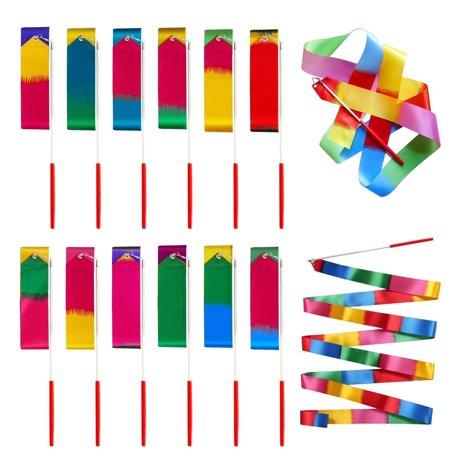 Funver 12PCS Rhythmic Gymnastics Ribbons, 2M Dance Streamers with Baton Sticks, Rainbow Performance Ribbons for Artistic Movement Training, Dance Practice, Stage Performance and Visual Displays