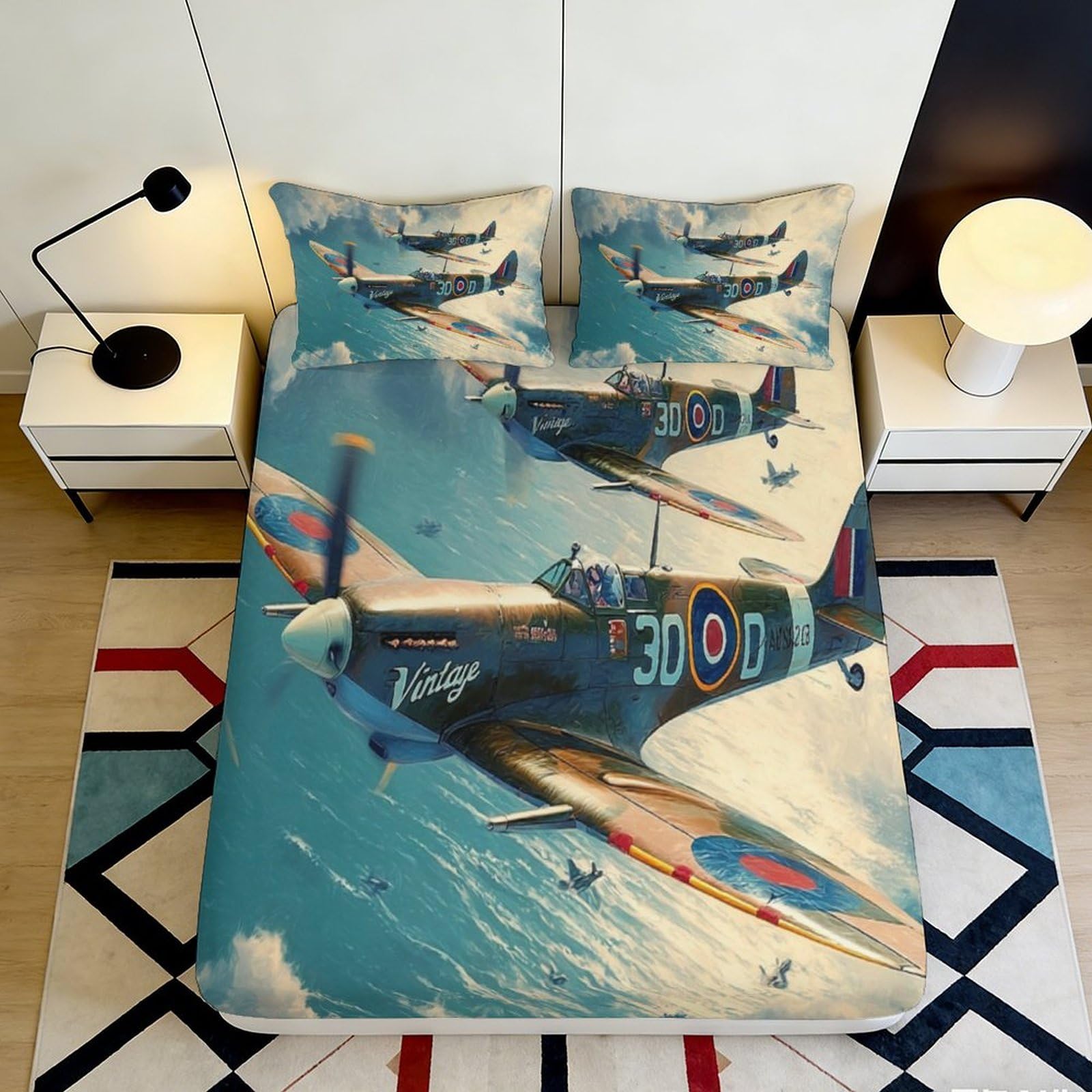 3D Printed Vintage Fighter Aircraft Fitted Sheet Microfiber Soft Blue Sky Warplane Bed Cover for Bedroom Dorm Mattress Protection 90x200x25cm