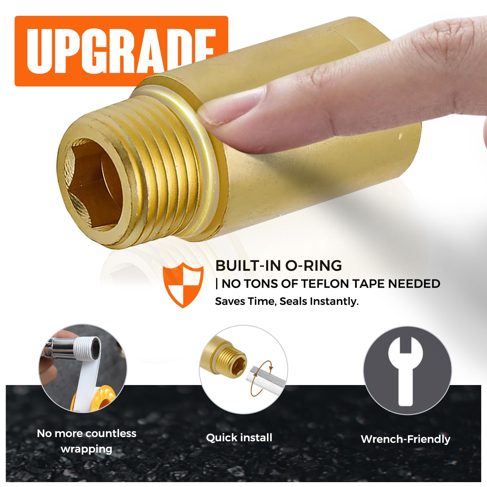 (2 piezas) Adaptador de fontanería de latón mejorado con junta tórica de goma, acoplador de tubería NPT macho de 1/2 pulgada x hembra NPT de 1/2 pulgada, sin costuras y a prueba de fugas (2 pulgadas