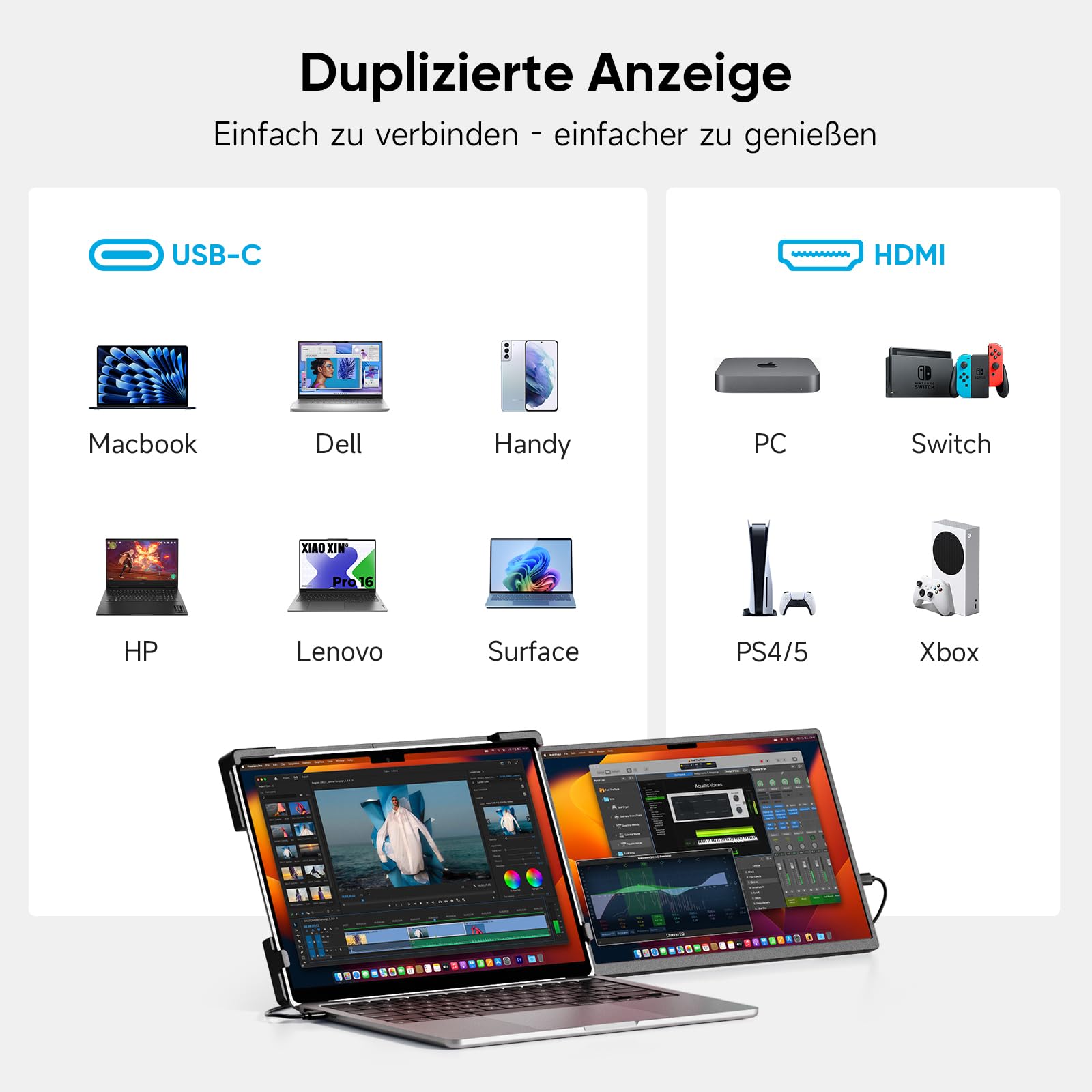 Dopesplay Laptop Monitor Erweiterung, 14 Zoll 1200P FHD Tragbarer Laptop Monitore, Eingebauter Stand Portable Monitor mit USB-C/USB-A/HDMI, Plug & Play, Geeignet für Mac, Wins, Chrome, Android, Dex