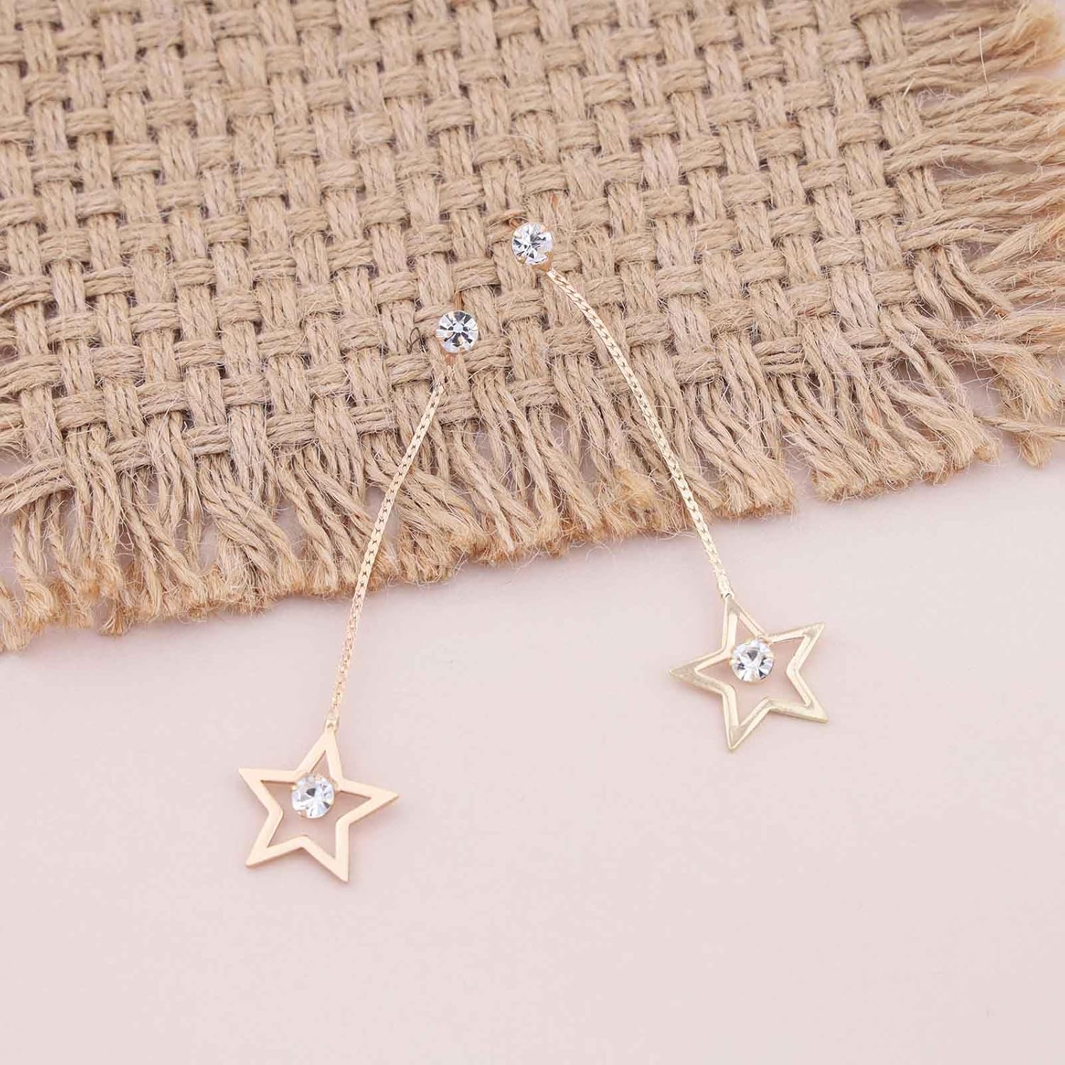Bohemian Crystal Star Dangle Earrings Gold Cz Star Chain Drop Earrings Rhinestone Star Stud Earrings Long Hollow Star Snake Chain Earrings Jewelry for Women Gifts - Image 4