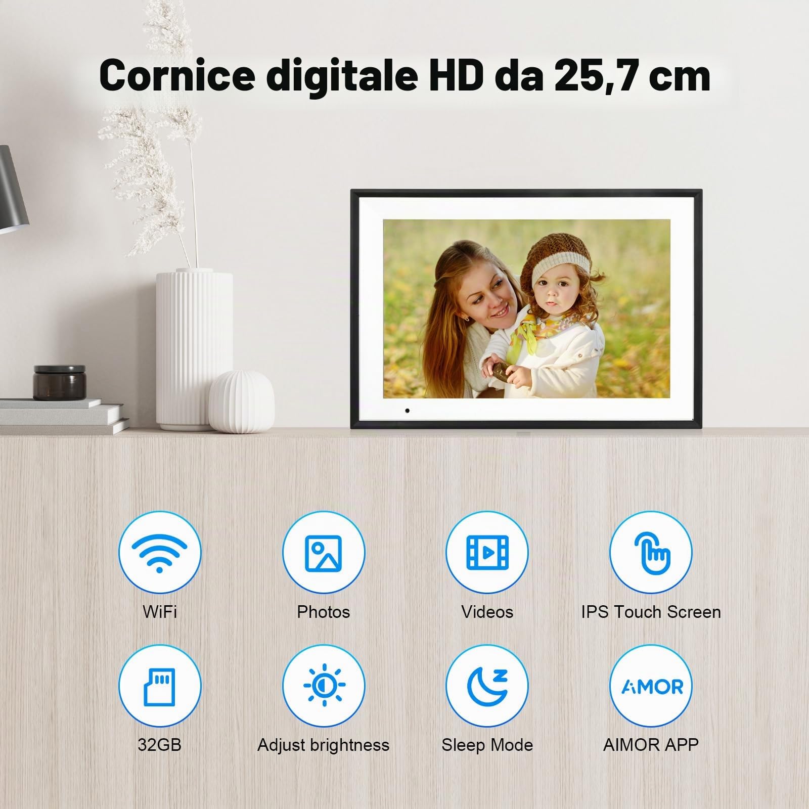 Anna Bella Cornice Digitale WiFi 10,1 Pollici, Cornice Elettronica 1280x800 HD, Memoria 32GB, Rotazione Automatica, Touchscreen Intelligente, Configurazione Remota Facile tramite App AiMOR
