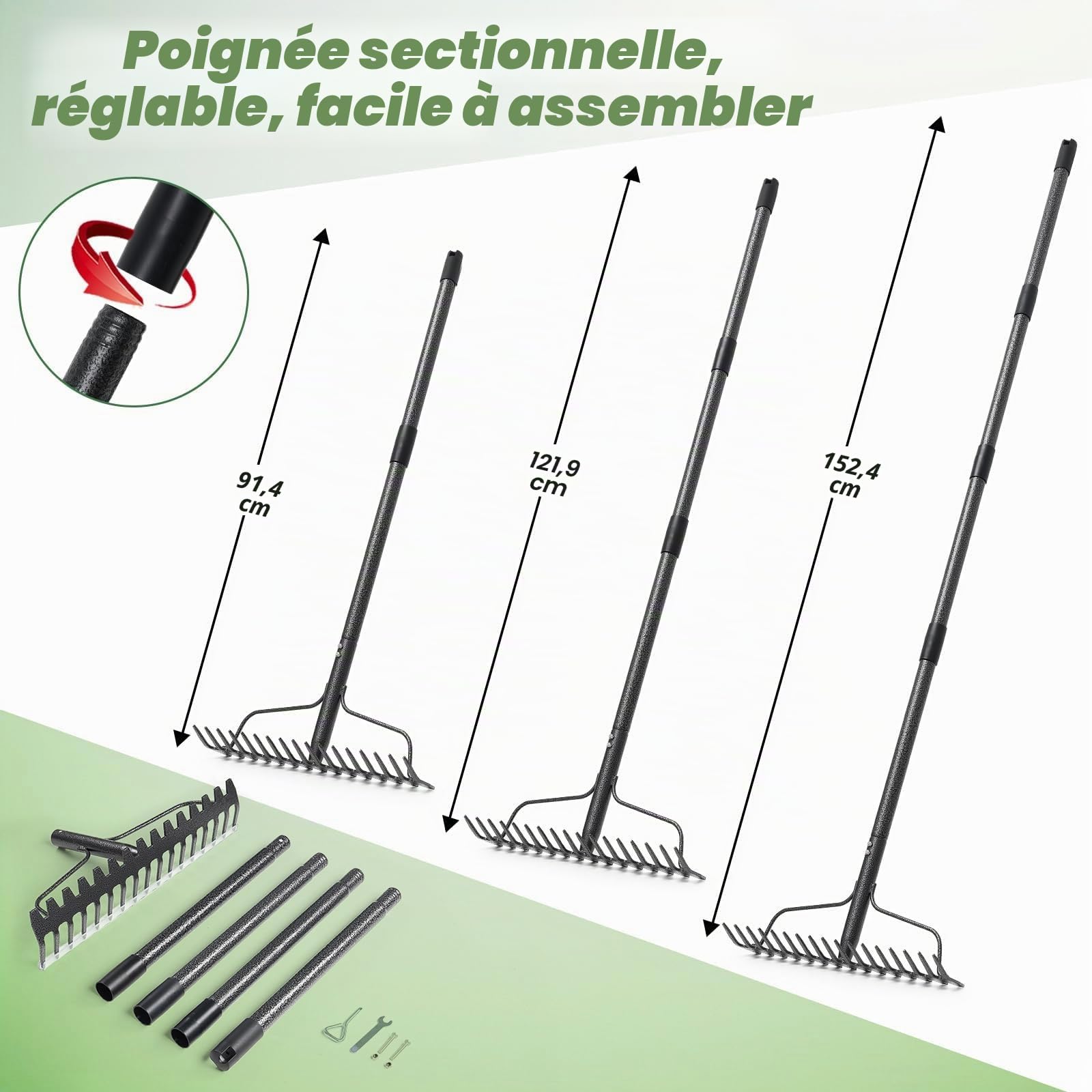 Râteau à arc de 152 cm, râteau de jardin à tête large à 17 dents, râteau réglable robuste pour terre, feuilles et gravier, gris