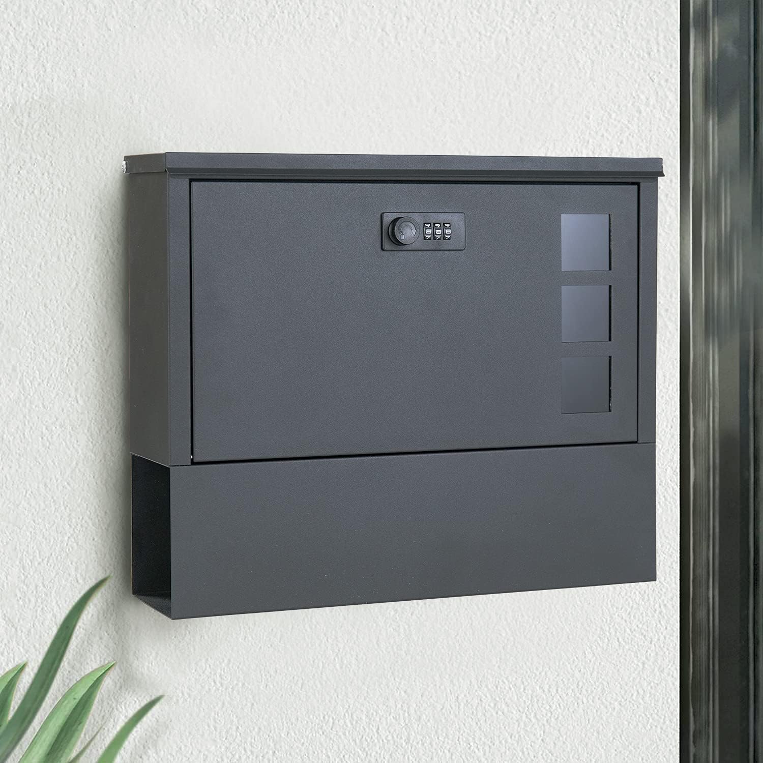 Letter Box with Combination Lock - Black Wall-Mounted Mailbox with Newspaper Holder, Stainless Steel, Modern Post Box with Viewing Window, Lockable