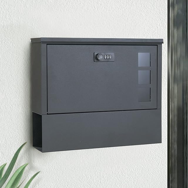 MAITTON Letter Box with Combination Lock - Black Wall-Mounted Mailbox with Newspaper Holder, Stainless Steel, Modern Post Box with Viewing Window, Lockable