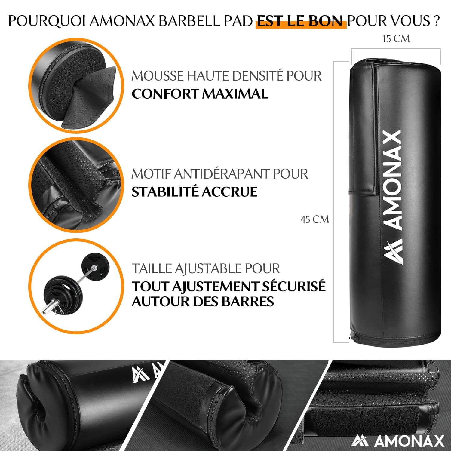 Amonax Hip Thrust Barbell Pad, rembourrage en mousse extra épaisse, femmes et hommes Heavy Duty Gym Accessoires Fitness Workout Bar Pad Housse de coussin pour Hip Thrusts