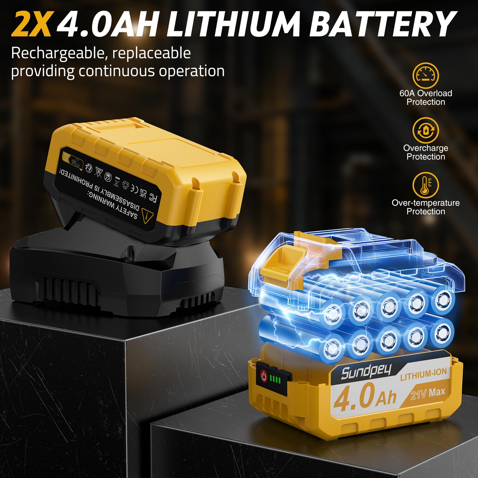 Sundpey Taladro Percutor Bateria 21V, Max 2150RPM Taladro Atornillador Batería Sin Escobillas con 2x4.0Ah Baterías, 20+3 Ajuste de Par Inalámbrico Atornillador Electrico, 13mm Portabrocas, 2 Velocidad