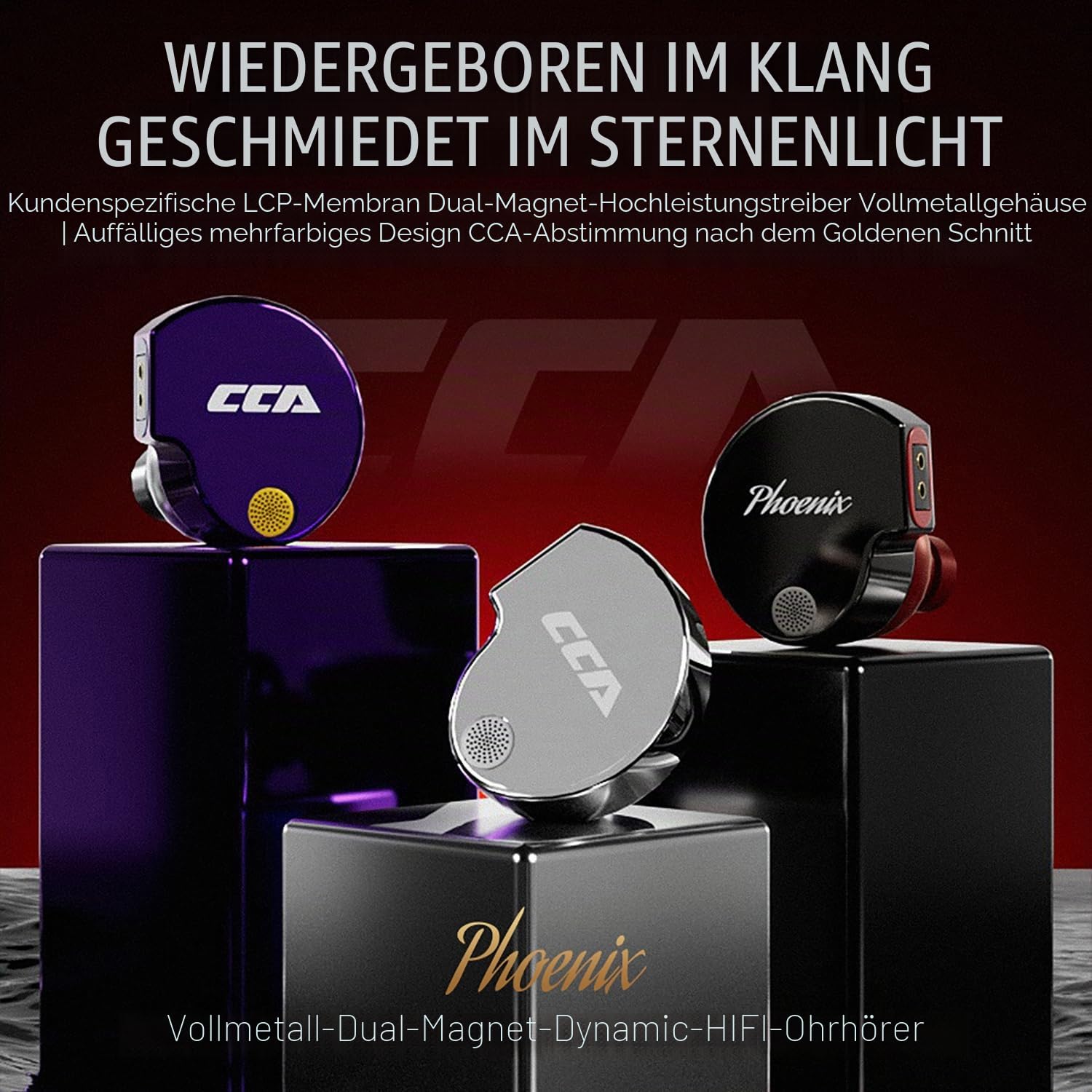 CCA Phoenix In-Ear-Monitor-Kopfhörer, Dual-Magnet-Dynamik-Treiber IEM mit klarem HiFi-Sound und tiefem Bass, professionelle Gaming-Ohrhörer aus Vollmetall für Musiker, Sänger und Audiophile (3,5