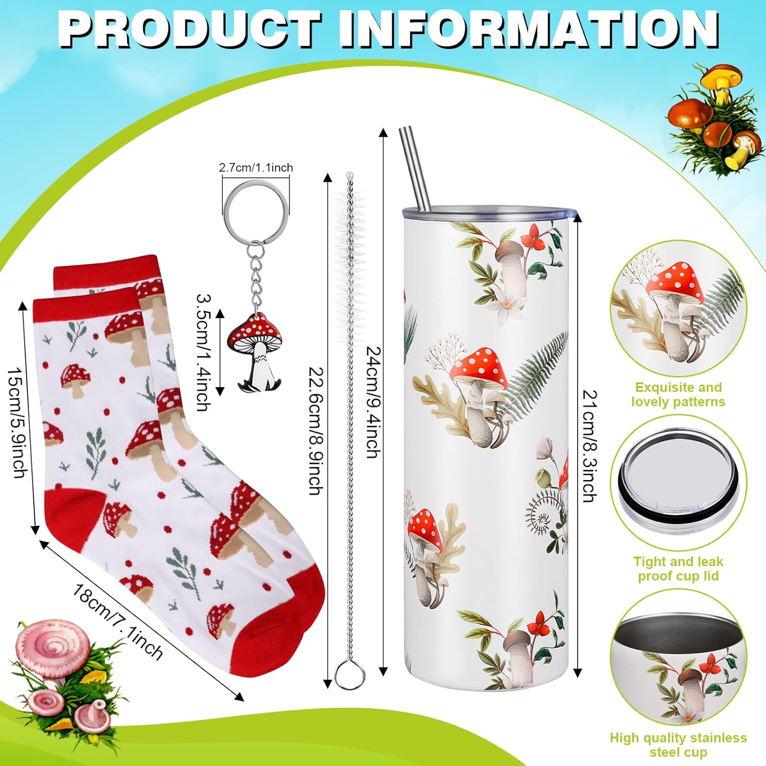 VAIPI 5 Pcs Mushroom Gifts for Women Mushroom Lover Gifts Stuff Include 20 oz Stainless Steel Insulation Tumbler Canvas Tote Bag Makeup Bag Socks Cute Keychain for Mother's Day Birthday Present - Image 2