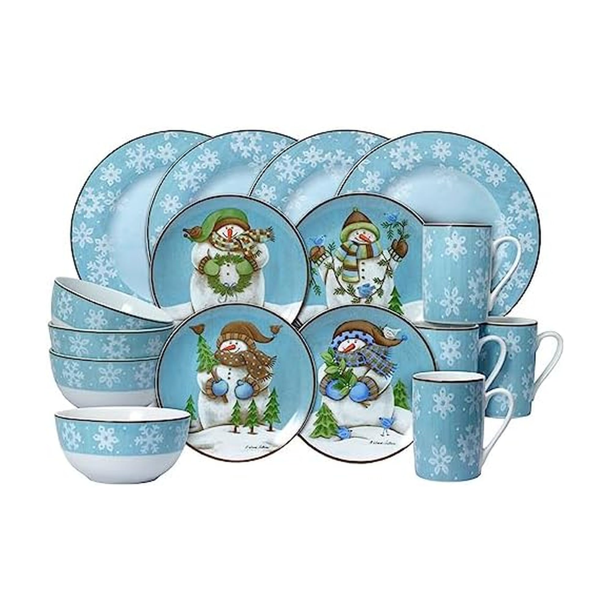 Pfaltzgraff Evergreen Ernie Dinnerware Set, 16 Piece, Blue, White