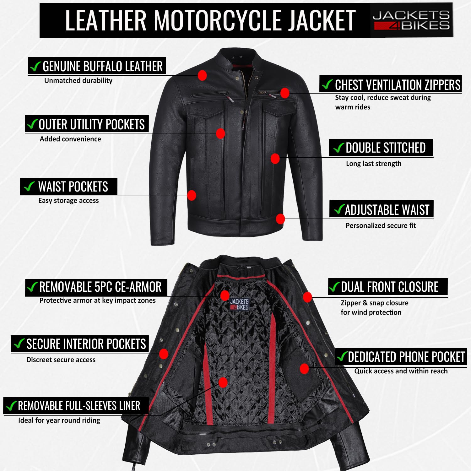 COMMUTER Mens Motorcycle Jacket Premium Buffalo Leather CE Armor Utility Pockets Street Cruiser Motorbike Biker Black L — view 6