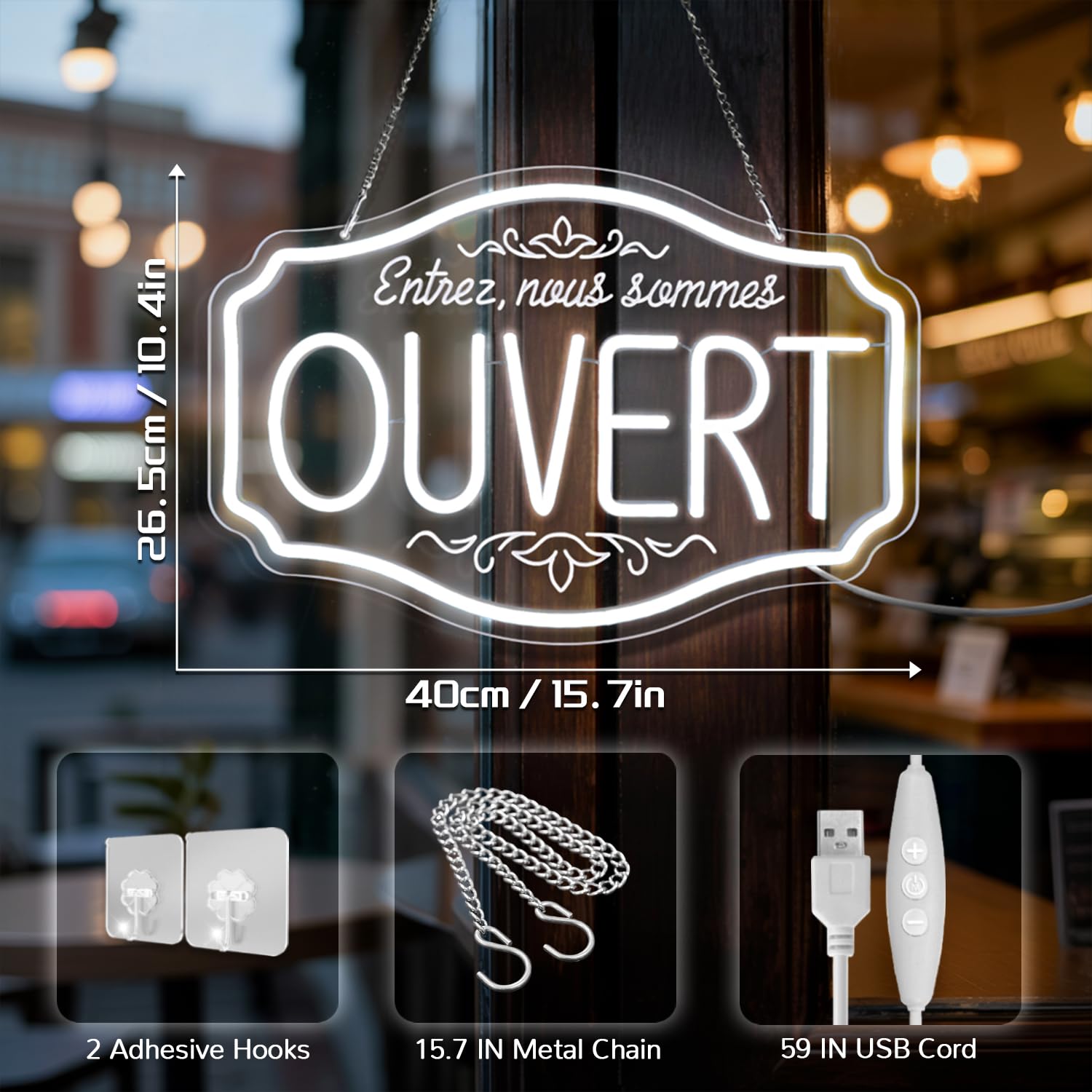 OUVERT Neon Schild, Nous sommes ouverts LED Schild für Geschäfte, weiße LED Neonleuchte für Bars, Restaurants, Supermärkte, Cafés, USB Neon Hängeschild Geöffnet für Tür und Fenster