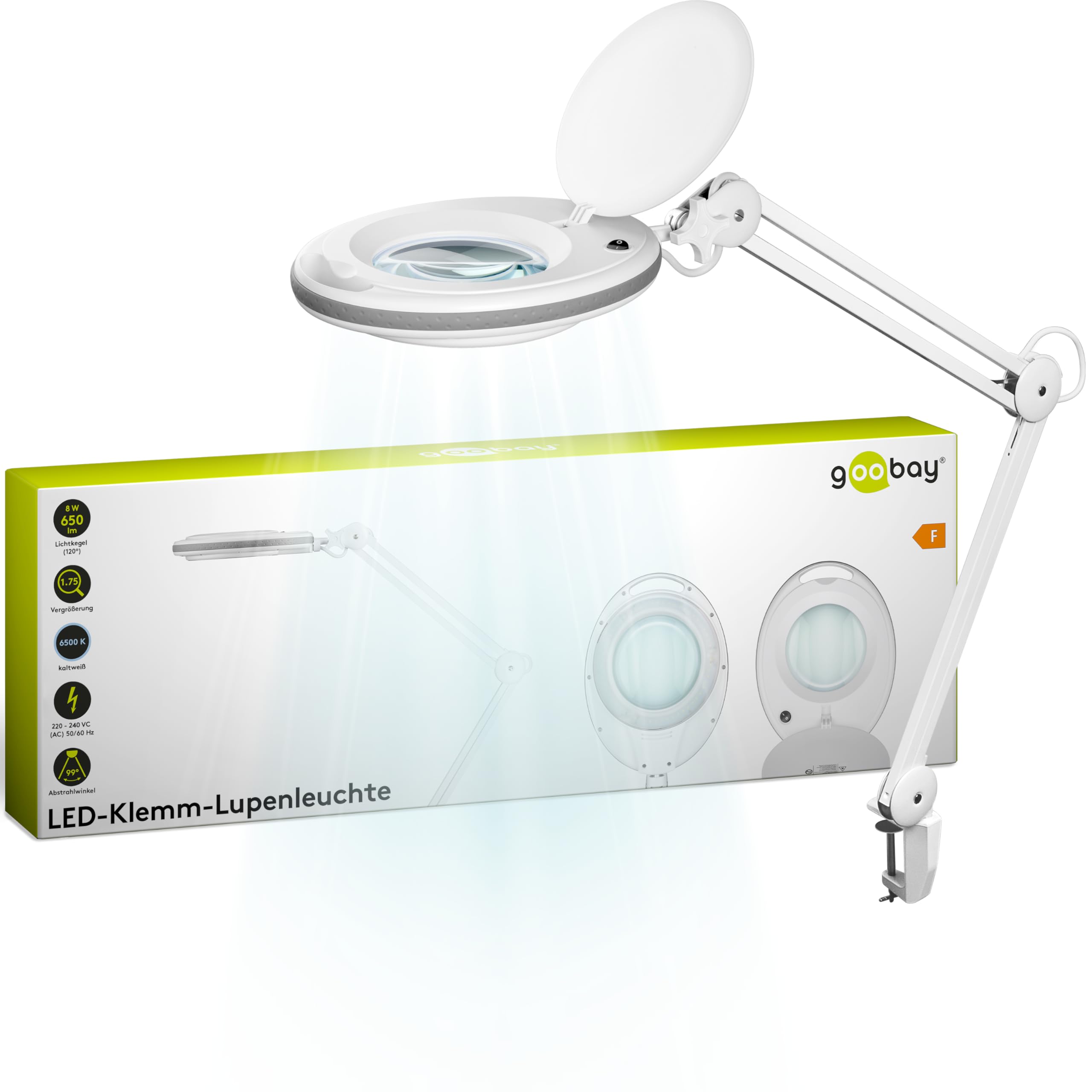 goobay Lupenleuchte/LED Lupenlampe aus Plastik / 8 W Leistungsaufnahme, Farbtemperatur 6500 K/Lichtstrom 650 lm/Betriebsspannung 230 V (AC) 60361, Weiß