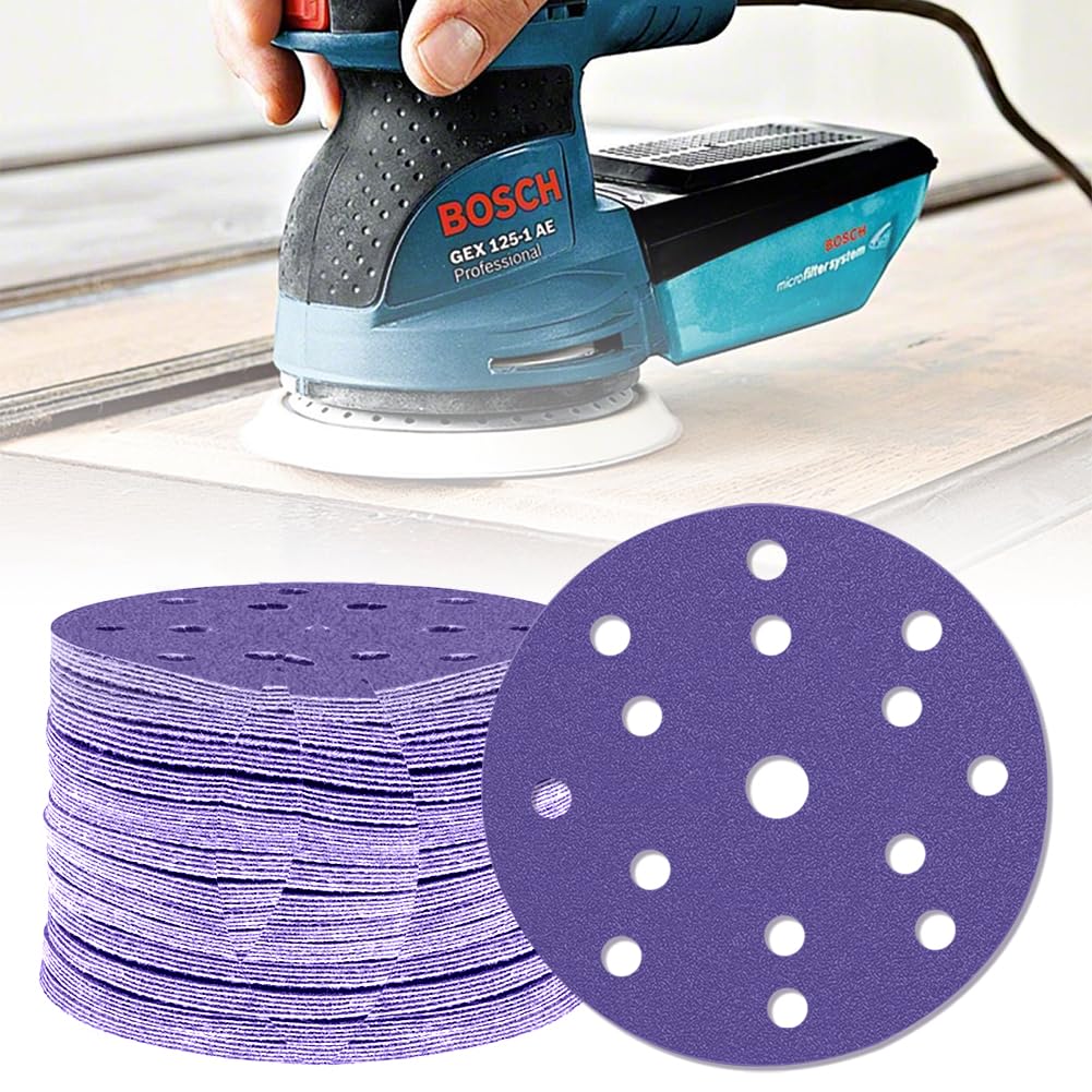 Set di 60 dischi abrasivi da 150 mm, rotondi, per levigatrice orbitale, grana a 150, 15 fori, rotondi, per legno, metallo e colore