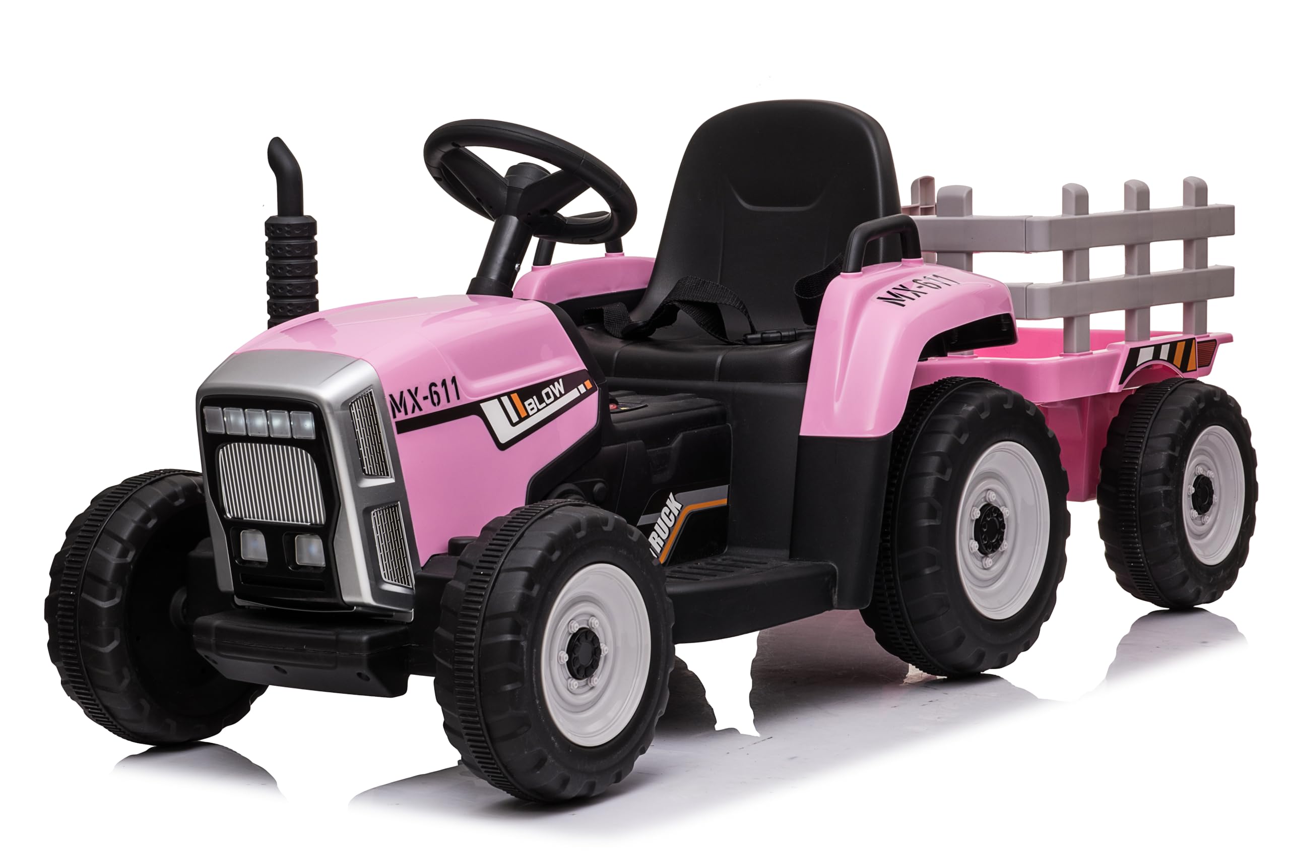 FINOOS 12V Tracteur Électrique Enfants avec Pelle & Remorque Amovible, Télécommande 2,4G, 2-6km/h, Rose