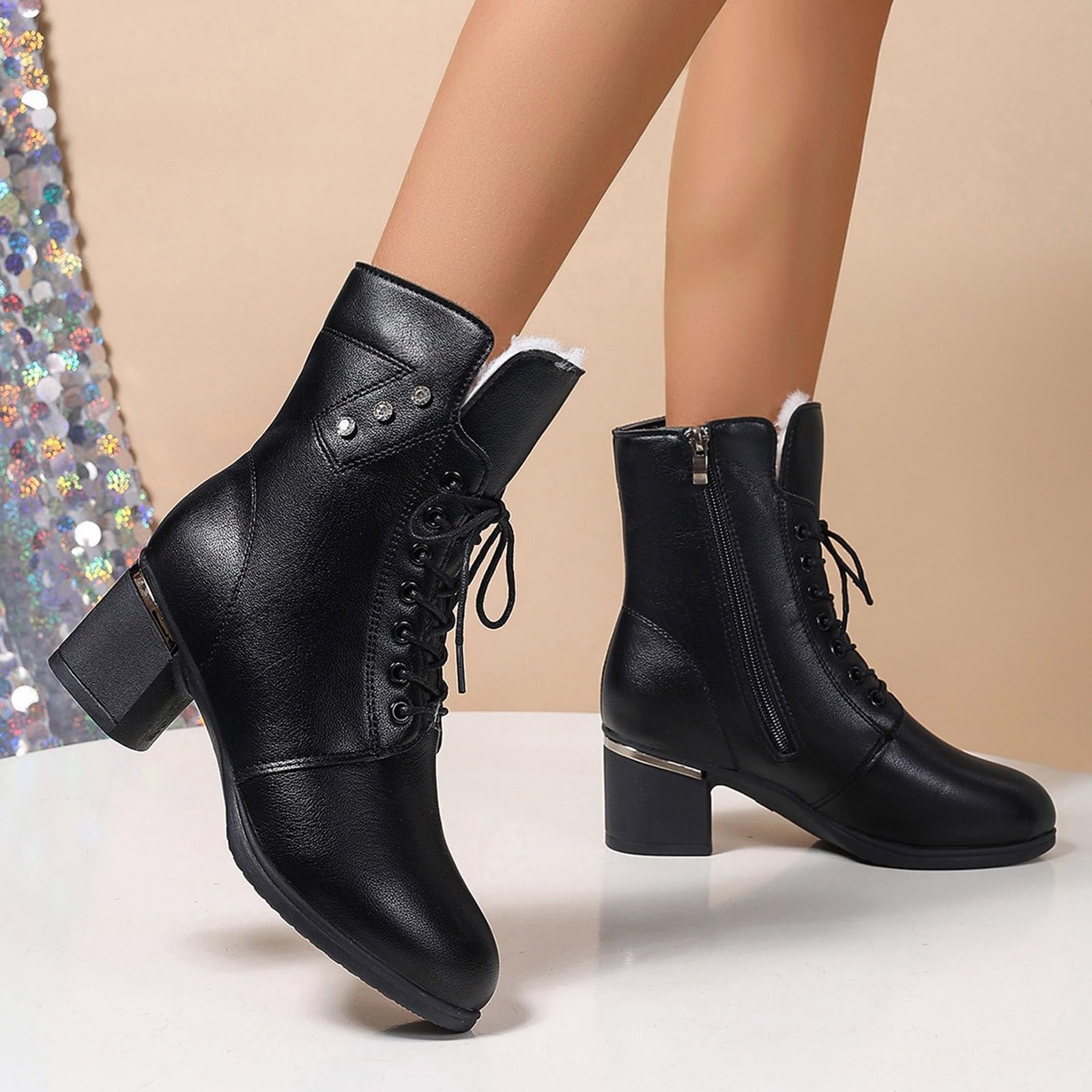Cocila Botas De Tacón Medio Grueso para Mujer, Estilo Británico, con Forro Y Cremallera Lateral, Talla Grande, Otoño E Invierno Hebillas Zapatos Mujer Agua Hunter Marron Impermeables Altas
