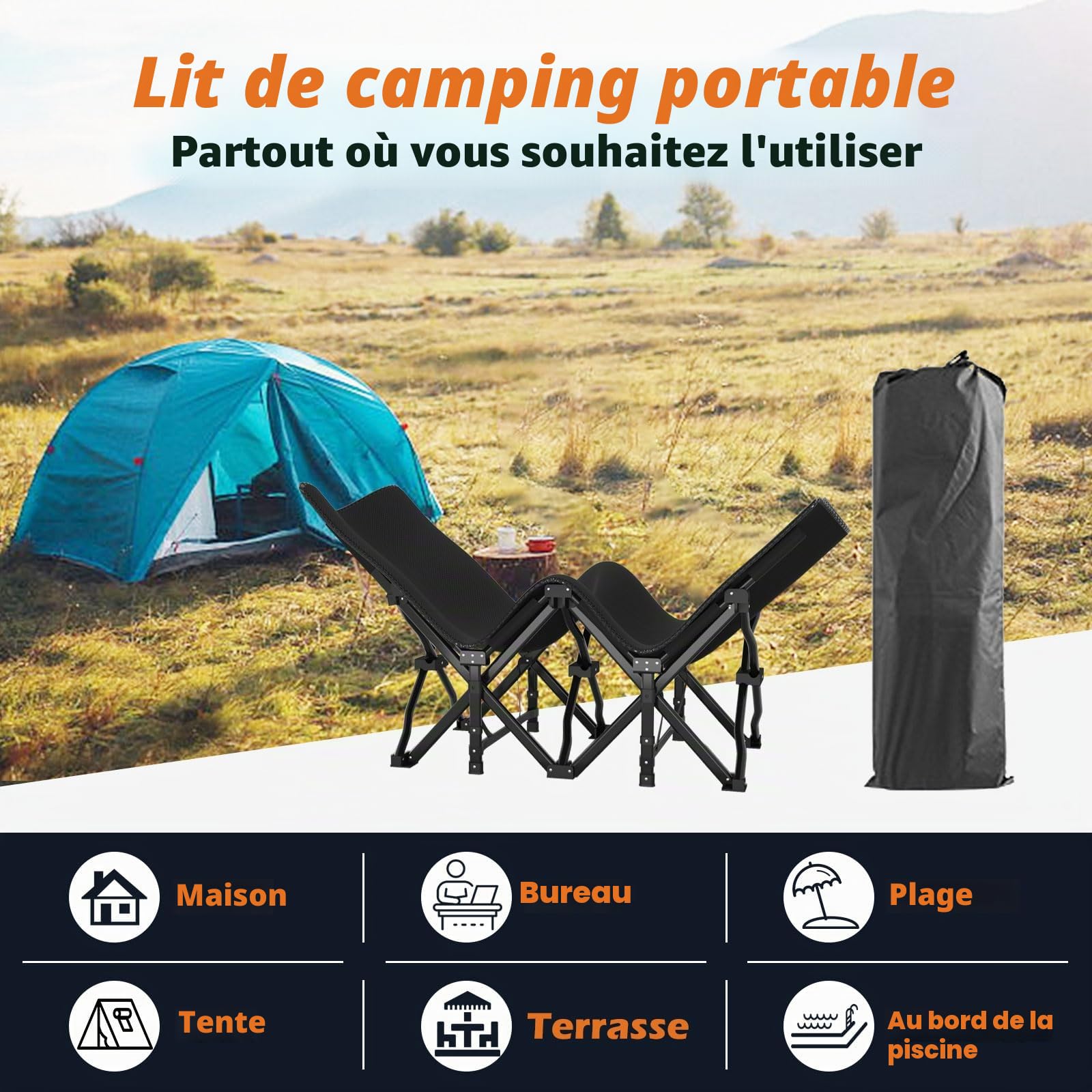 ATORPOK SHOP Lit de camping pliable jusqu'à 200 kg pour invité avec poche latérale, chaise longue de camping portable, extérieur, jardin, camping, voyage, intérieur