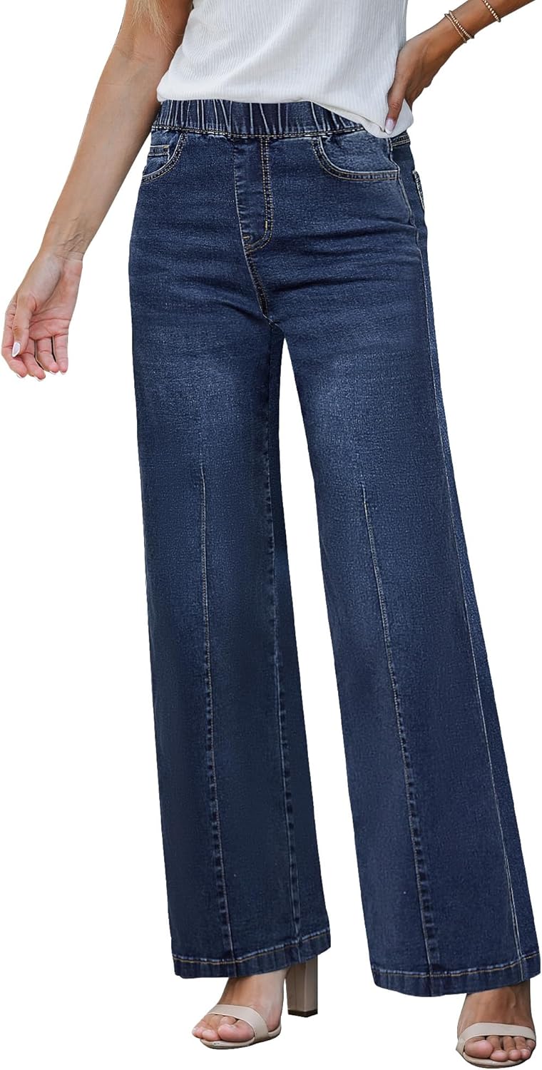 GRAPENT Pull On Womens Jeans Baggy Stretchy High Waisted Denim Wide Leg Trouser Pants Trendy Front Seam 90s Loose Jean