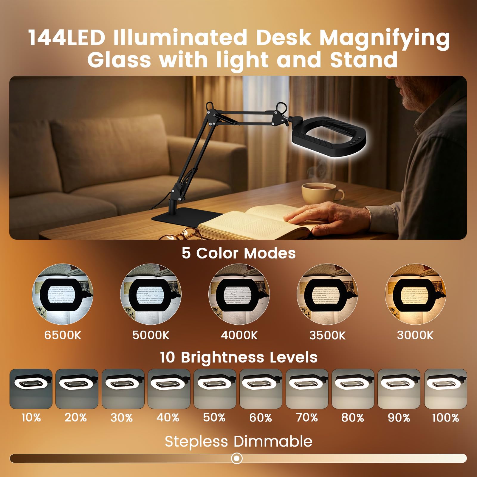 KIBTOY Lupe mit Licht und Ständer, Lupenlampe 12x Vergrößerung mit 144 LEDs & Echtglaslinse, 10 Helligkeitsstufen und 5 Farbmodi, stabiler Metallständer, Ideal für Basteln, Diamond Painting, Modellbau