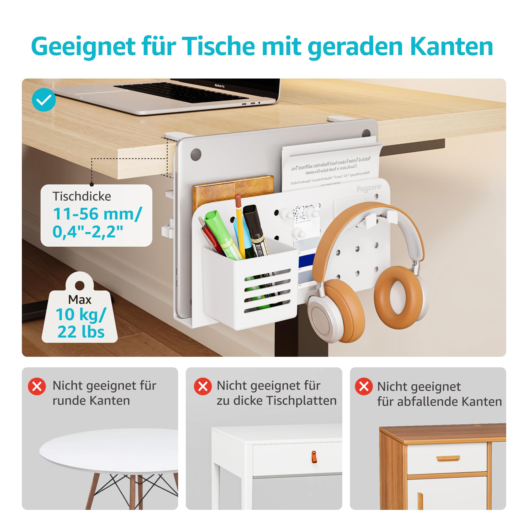 PEGZONE Schreibtisch Seitenaufbewahrung, Untertisch Laptop Halterung Aufbewahrung, Bohrfreier Laptop-Halter, Hängende Laptop-Halterung, Passt für flache Kanten von 1 cm bis 5,6 cm, Weiß