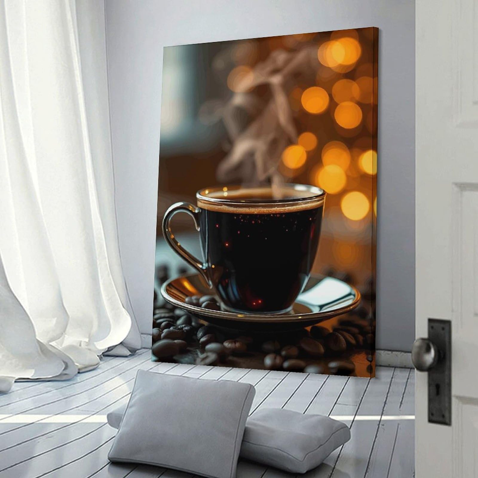 Junmoney Wall Decor Canvas Print Steaming Cup of Coffee with Bokeh, 20x30inch(50x75cm), for Bedroom Walls, Guest Spaces Or Lounges, Decorative Wall Art for Cosy Rooms