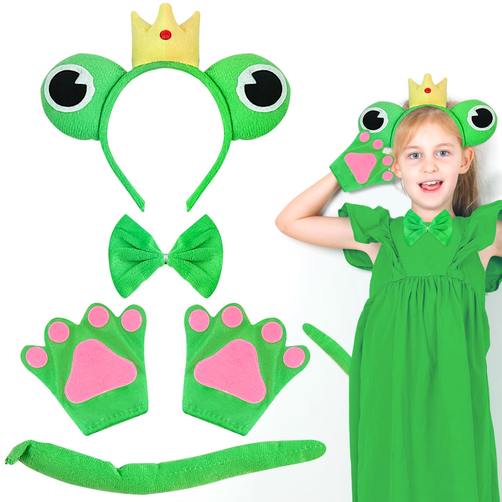 Lets Joy Frog Costume Accessories, Frog Cosplay Set, Frog Costume Adult Children, Frog King Headband, Frog Headband Gloves, Frog Tail, Carnival Accessory, Pack of 5