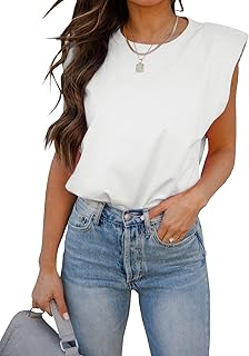 BZB Women Sleeveless T Shirt Padded Shoulder Crewneck Solid Color Loose Tank Tops