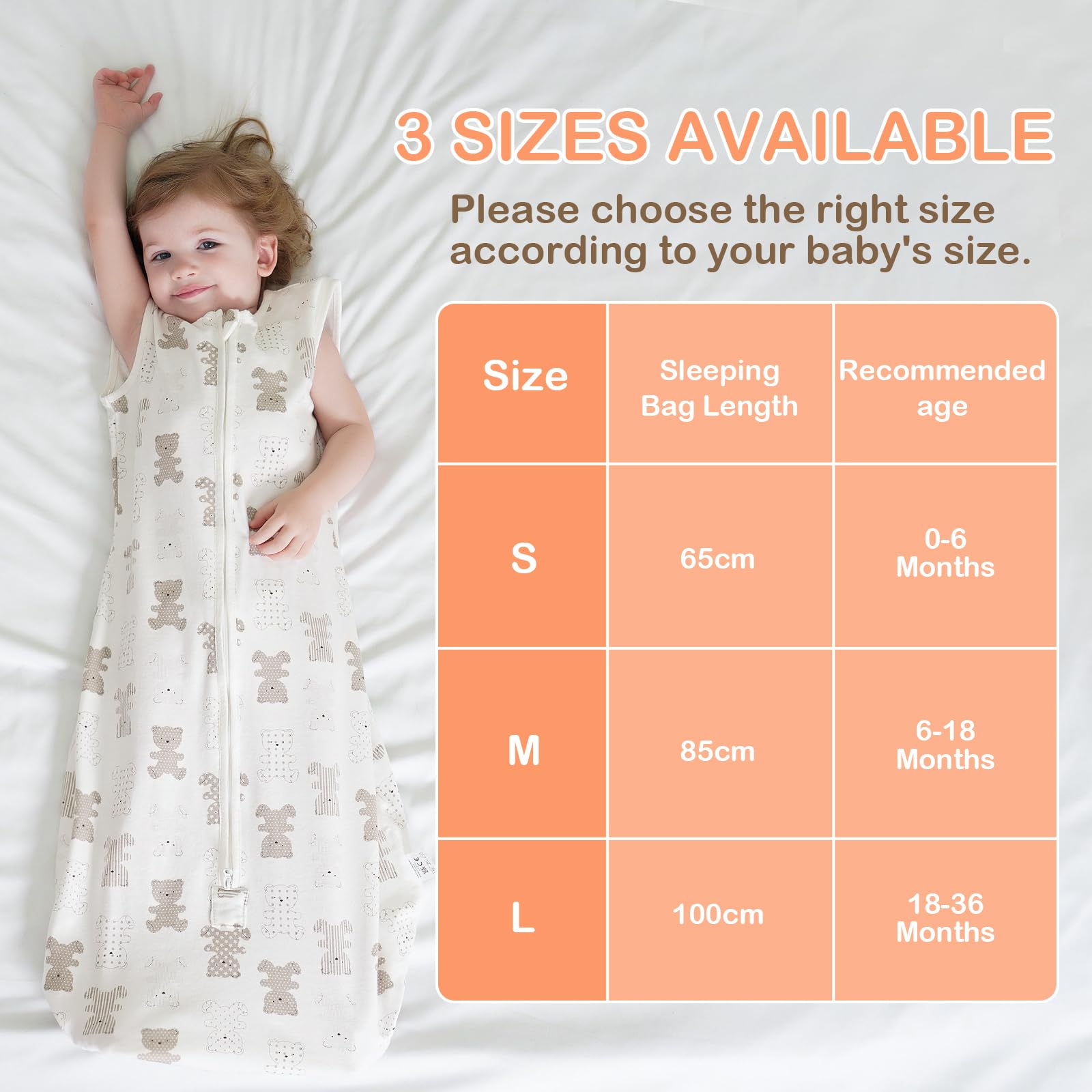 TOGOU2S Baby Sleeping Bag, 2 Pcs 0.5 tog sleeping bag 0-6 months, 100% Cotton Sleeping Bag Baby 65cm, Soft Cotton Breathable - Image 2