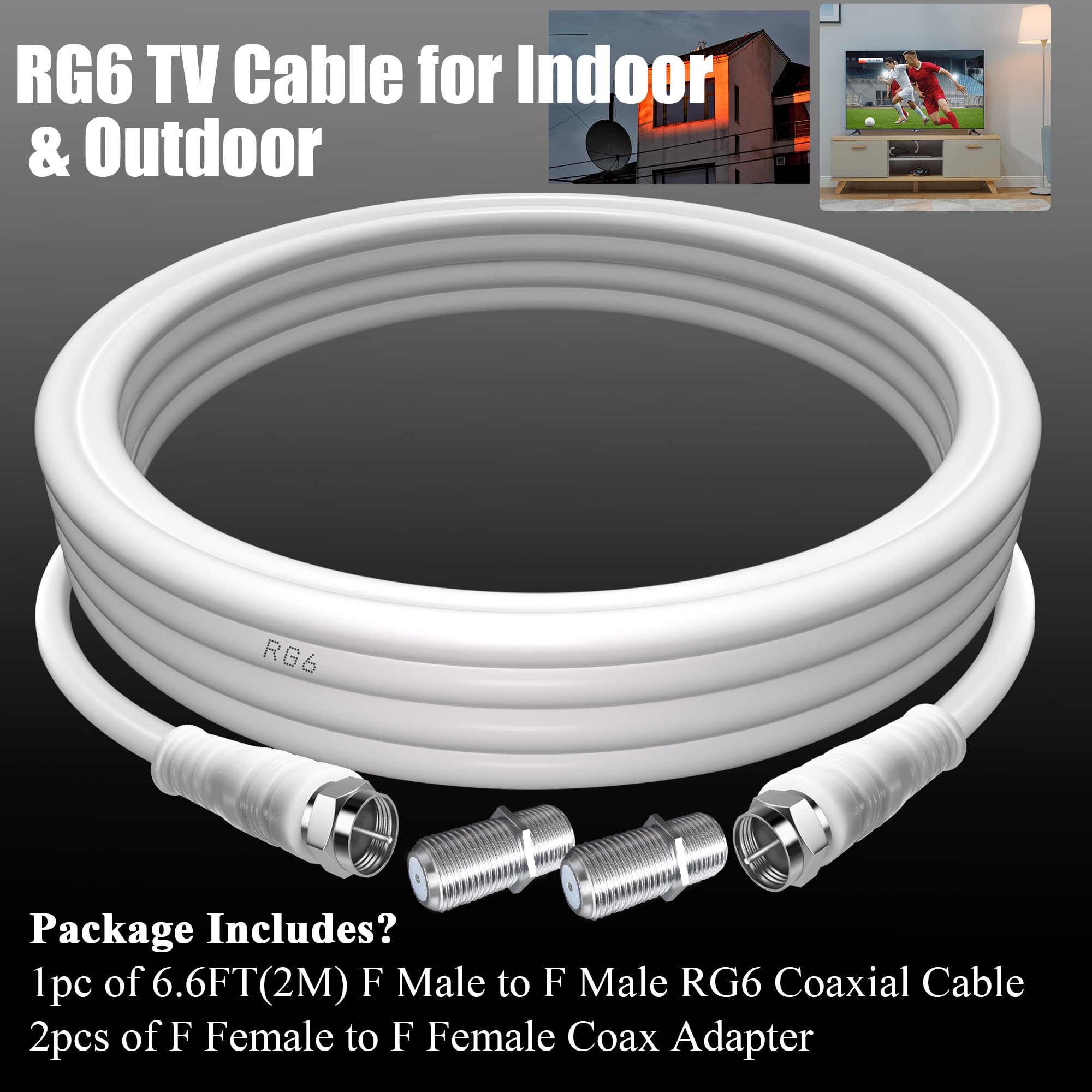 TUOLNK RG6 Câble d'antenne TV F mâle RG6 câble coaxial avec connecteur F femelle 75 Ohm, pour décodeur câble, TV, satellite, 6,6 pieds (2 M)