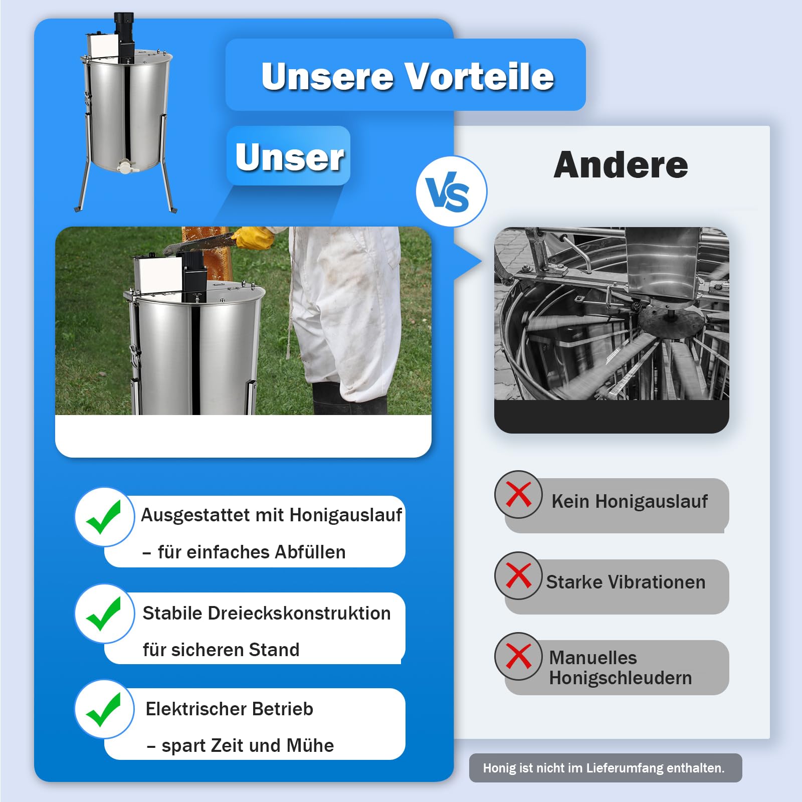 Elektrische Honigschleuder mit 4 Waben – 140W Edelstahl Honiggewinnung mit Geschwindigkeitsregelung und Transparentem Acryl-Deckel