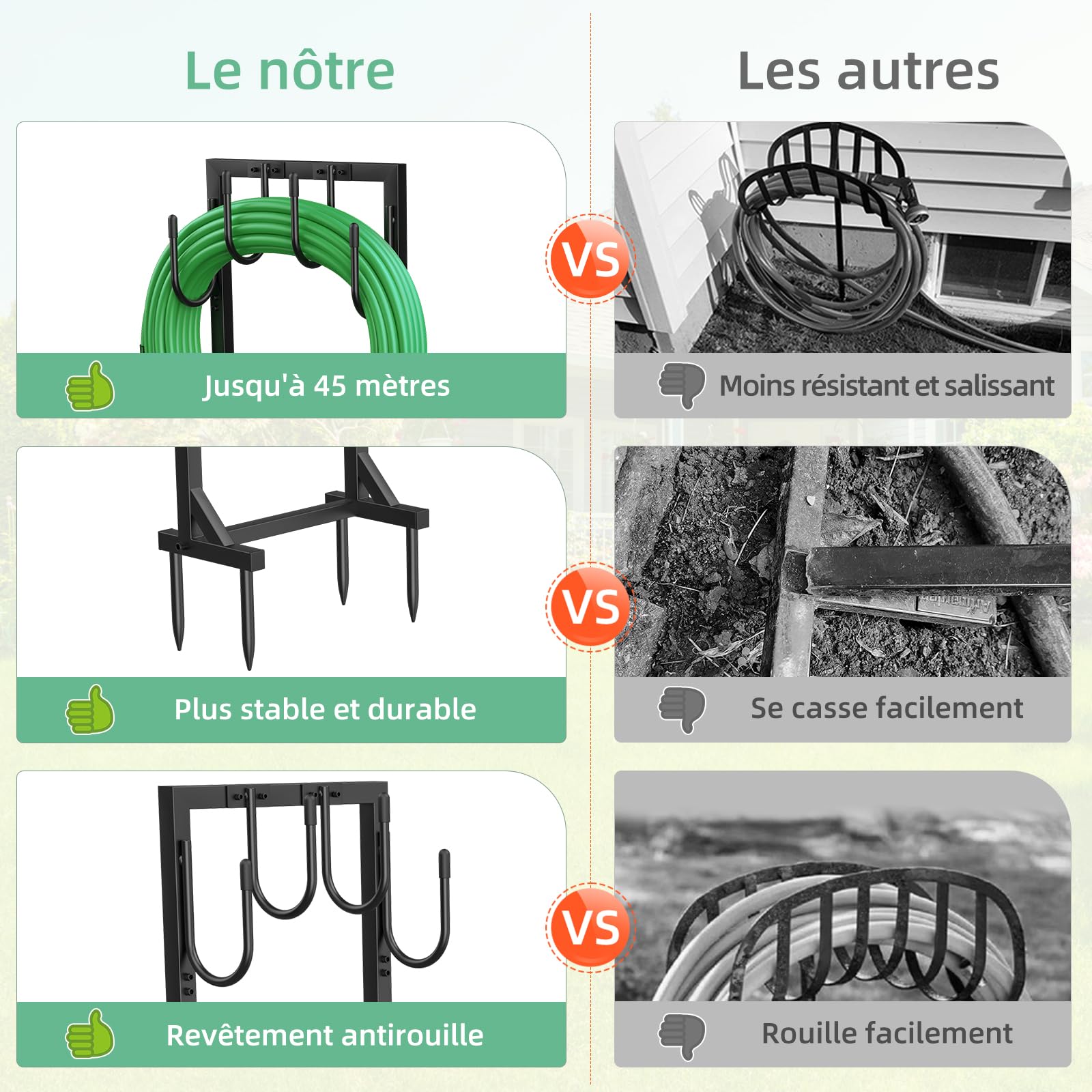 Support pour Tuyau d'arrosage 109,5 cm Enrouleur Métallique 45 mètres 4 Crochets Jardin
