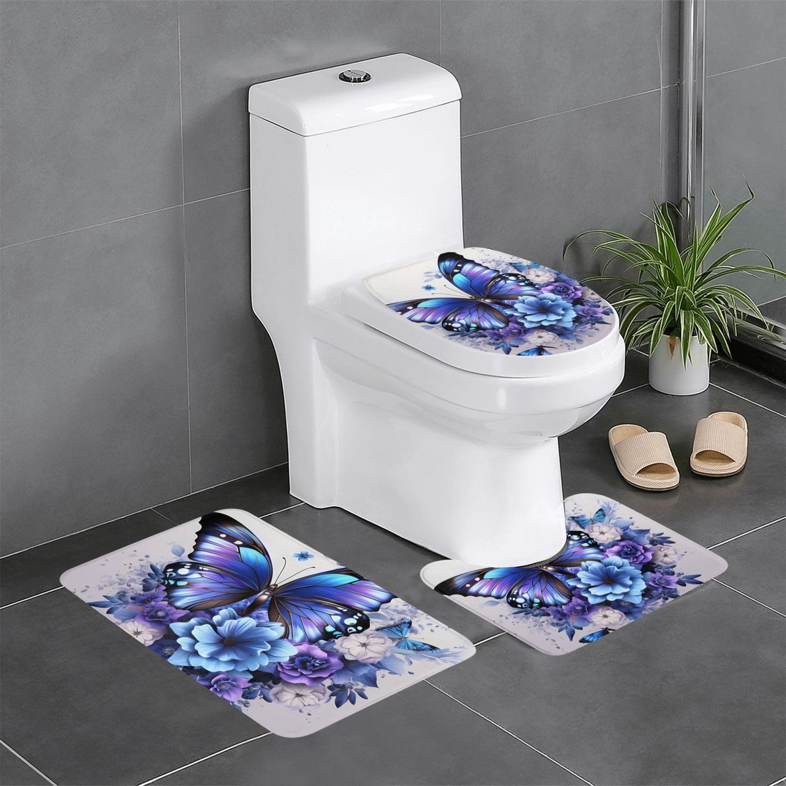 Tapis de bain durables lot de 3 tapis absorbants imprimé papillon bleu et violet