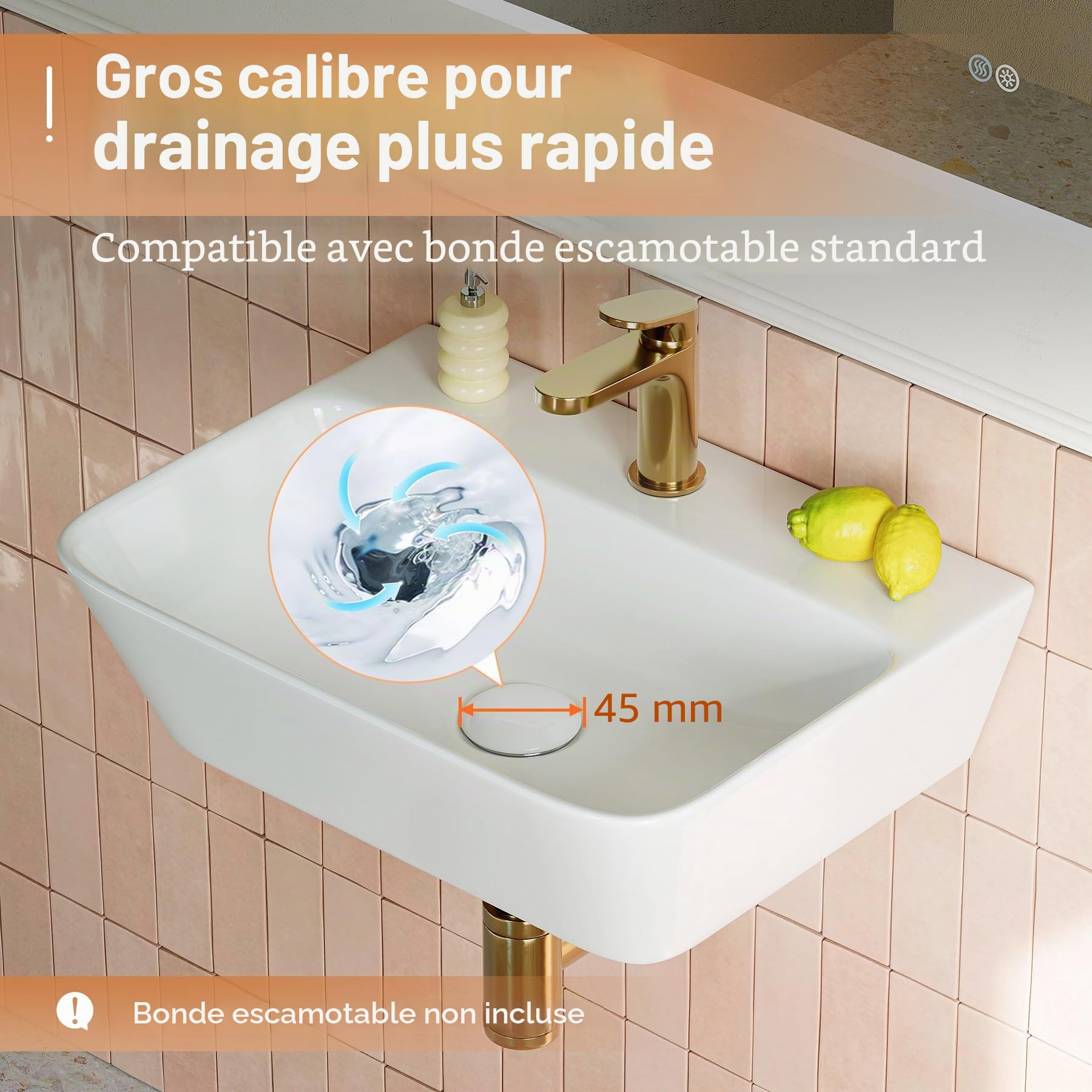 HOROW Lavabo de salle de bain carré 40 cm, moderne, blanc, sans trop-plein, avec trou pour robinet, petit lavabo suspendu, WC, pour invités