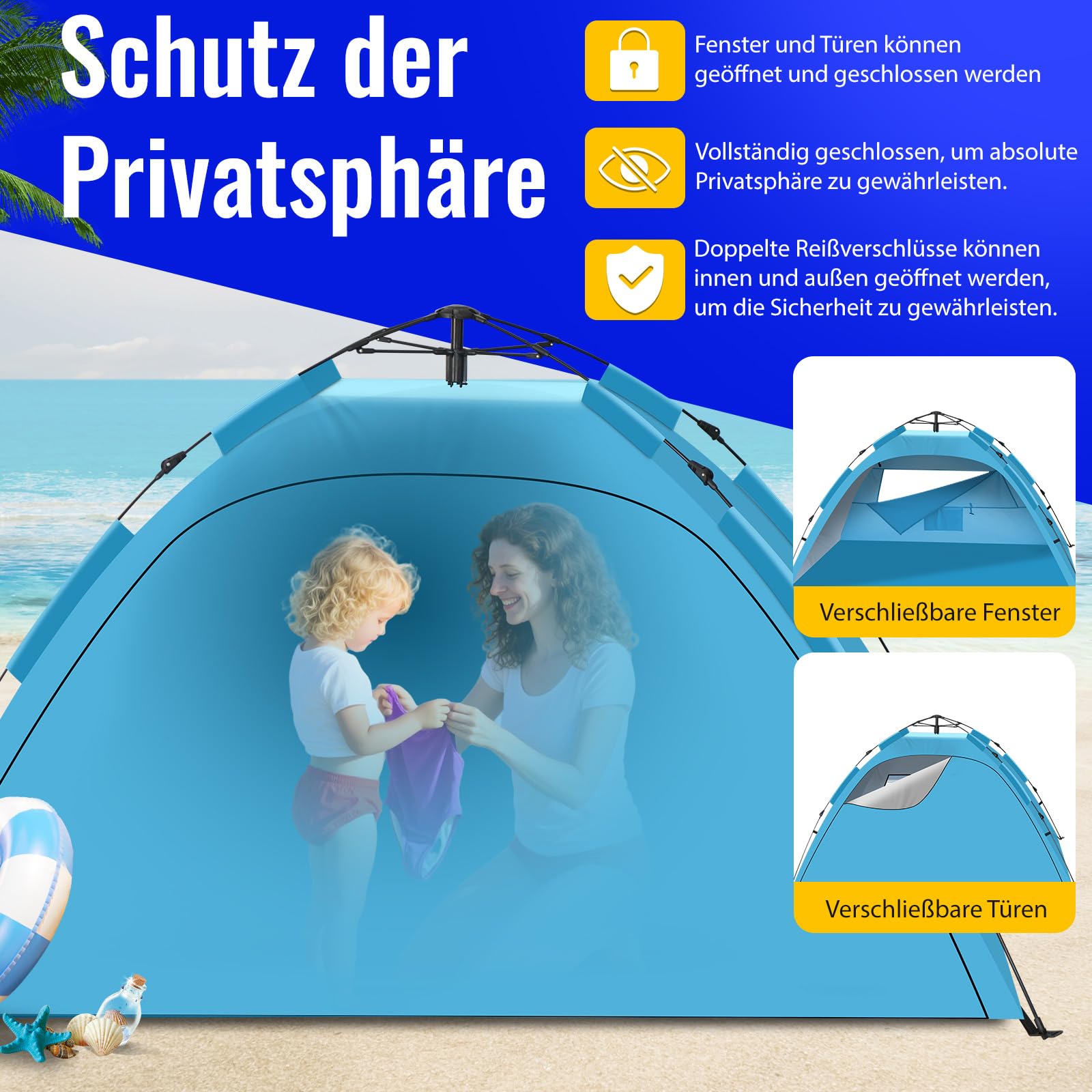 Purebox Strandmuschel, Strandzelt für 2-4 Personen, tragbares automatisches Strandzelt, UV50+ Schutz mit Doppeltüren, Strandmuscheln Geeignet für Familien-Strandcamping, Gartengrill, Wanderzelt