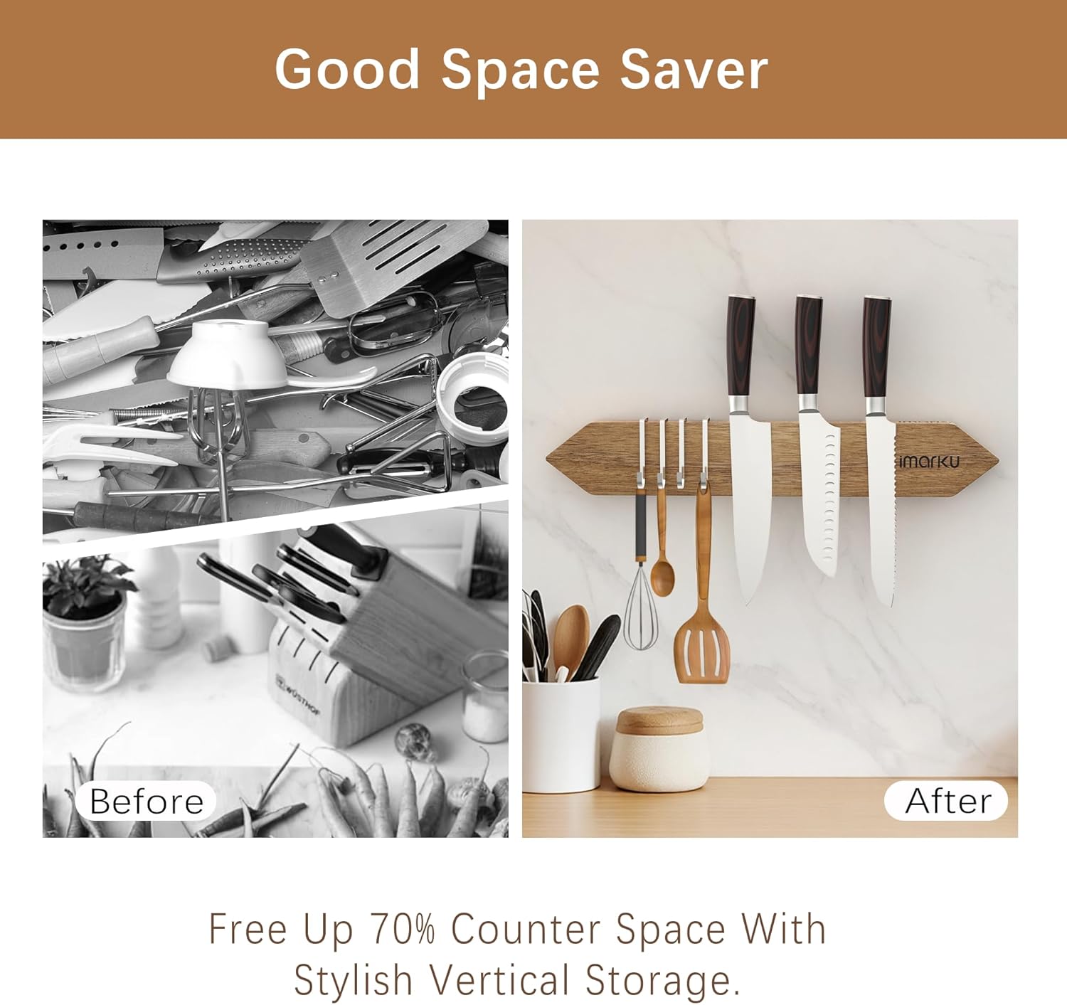 imarku Magnetic Knife Holder for Wall - 16 Inch Acacia Wood Magnetic Knife Strip with Powerful Magnet, Knife Magnetic Strip for Kitchen Utensil Organizer with 4 Hooks, Natural Acacia