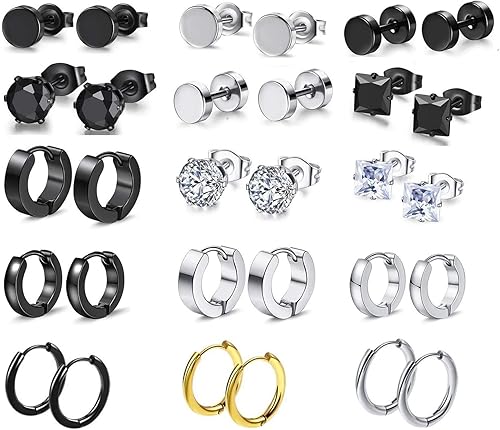 15 pares de aretes negros para hombre, aro de acero inoxidable, tachuelas de circonita cúbica, unisex, hipoalergénicos
