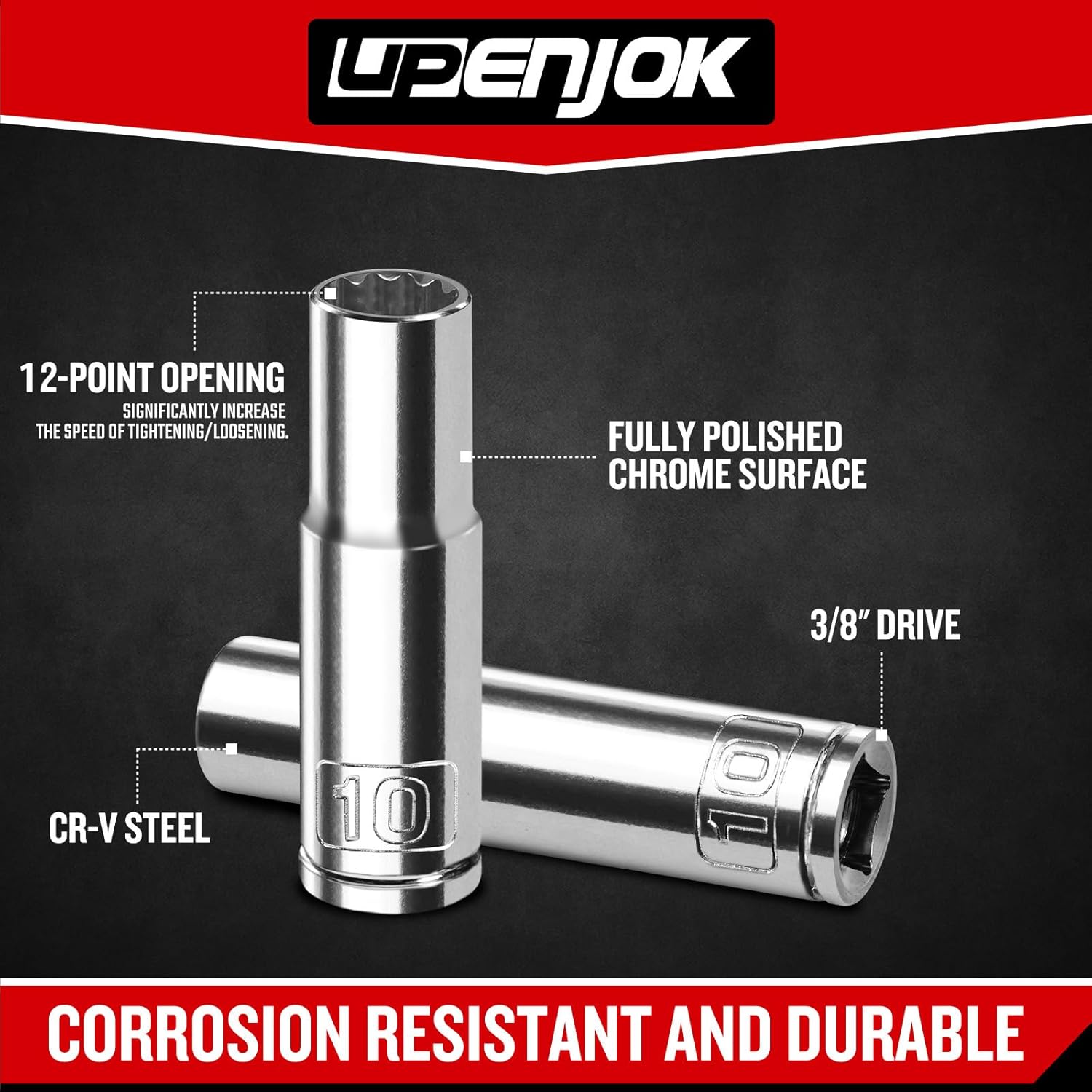 2PCS 3/8" Drive 10mm Socket Set, Deep, Mirror Finish, Cr-V Steel, 12-Point